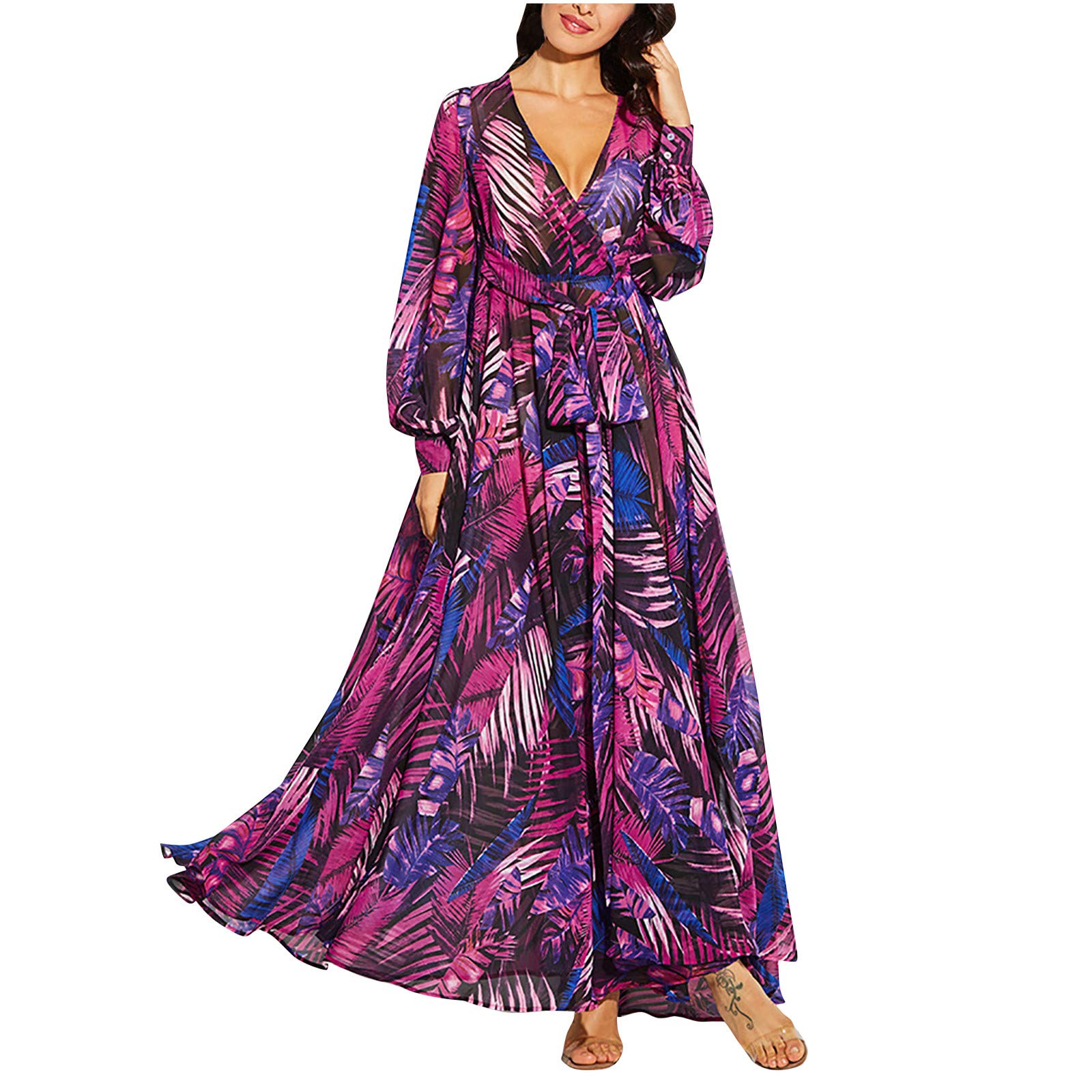 Boho Floral Chiffon Maxi Dress for Women - V Neck Backless Beach Dress with Belt | Casual Summer Dress for Vacations, Parties & Outdoor Events