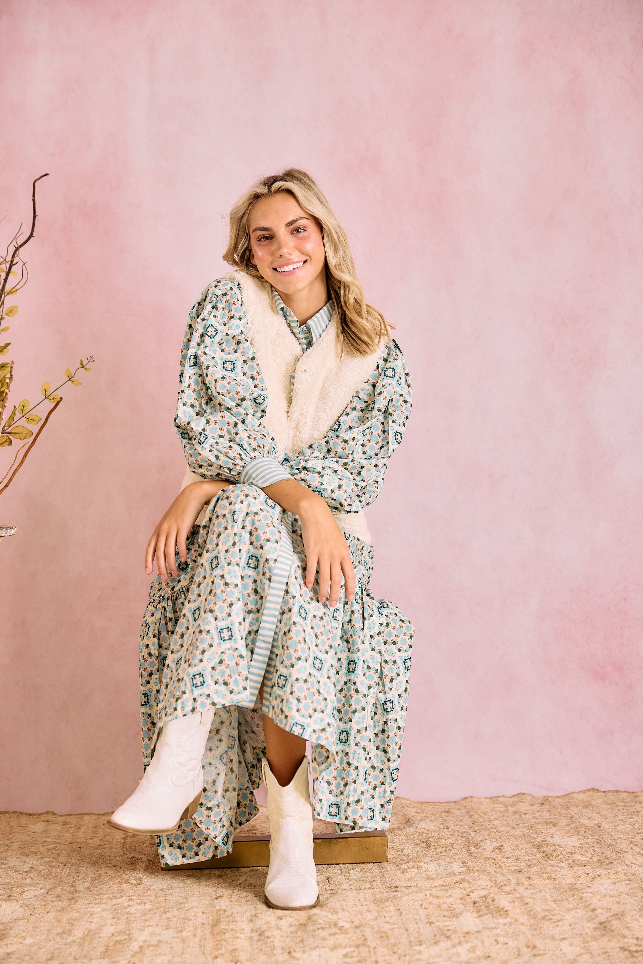 Laura Long Sleeve Quatrefoil Print Dress in Blue & Ivory - Elegant Office Wear & Casual Party Outfit