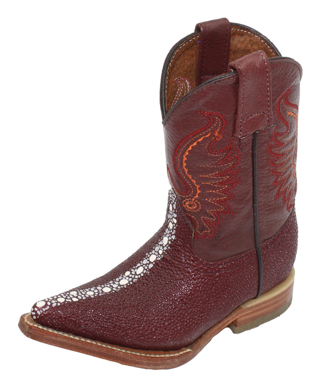 **Kids Unisex Genuine Leather Cowboy Boots - Stingray Embossed Western Boots for Boys & Girls - Durable & Stylish for Rodeo, Parties & Everyday Wear**