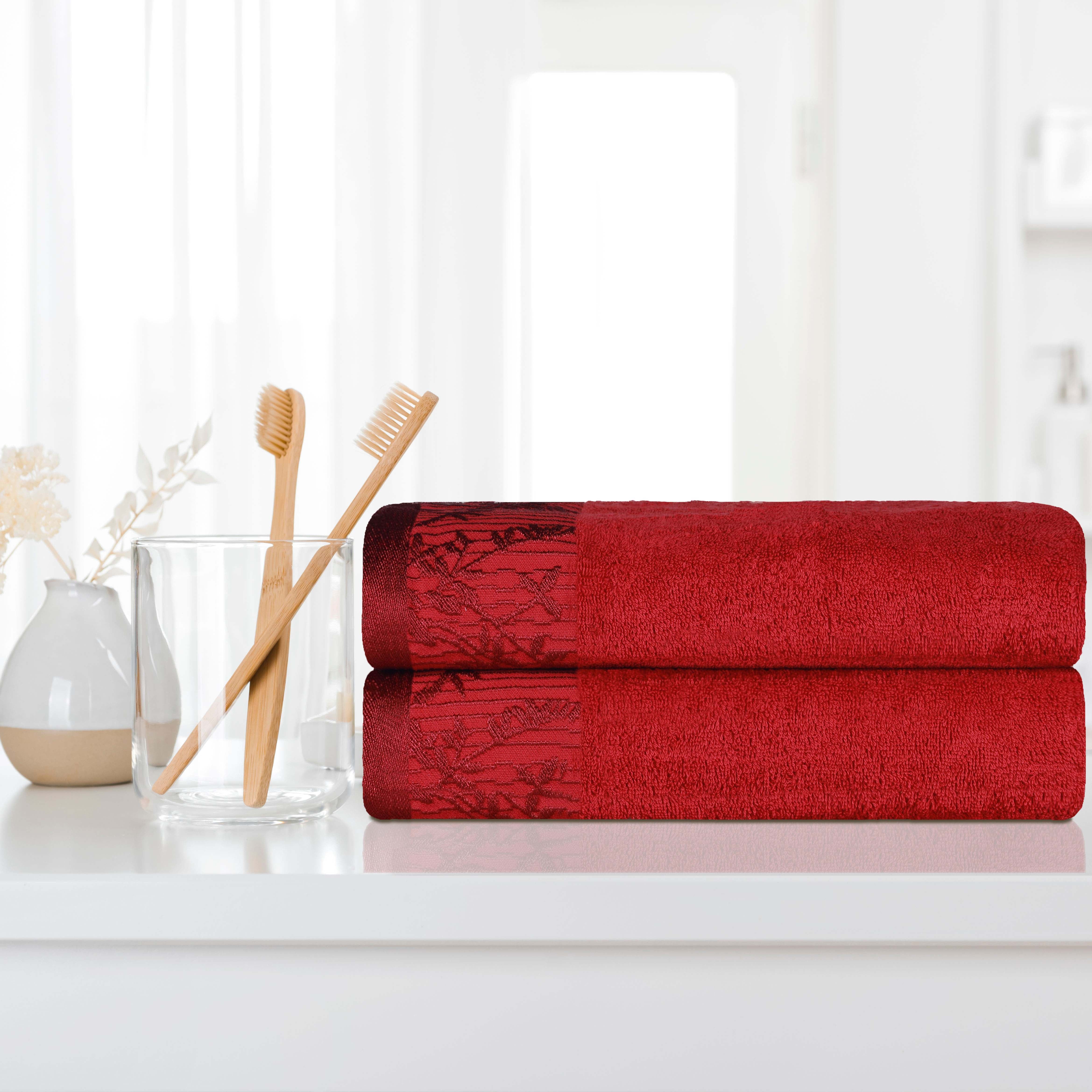Premium Wisteria Cotton Floral Embroidered Jacquard Border Bath Towel Set of 2 - Soft Absorbent Luxury Towels for Spa, Bathroom & Guest Use