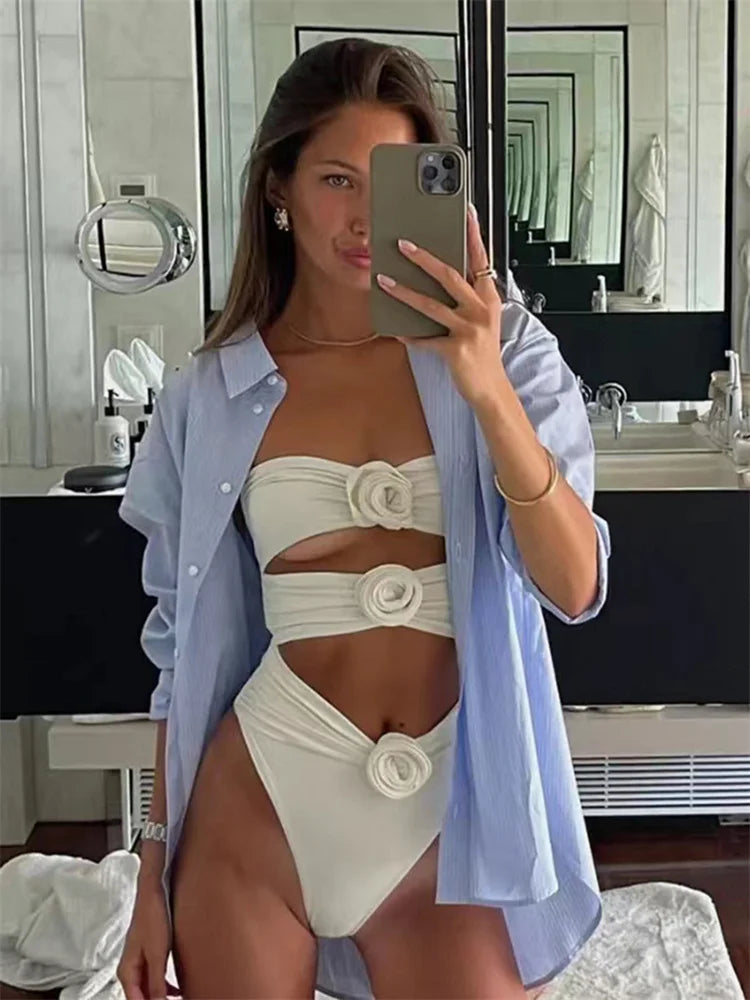 Sexy 3D Flower Bandeau One Piece Swimsuit for Women - High Waist Monokini with Cut Out Design | 2024 Trendy Swimwear for Beach, Pool & Vacation