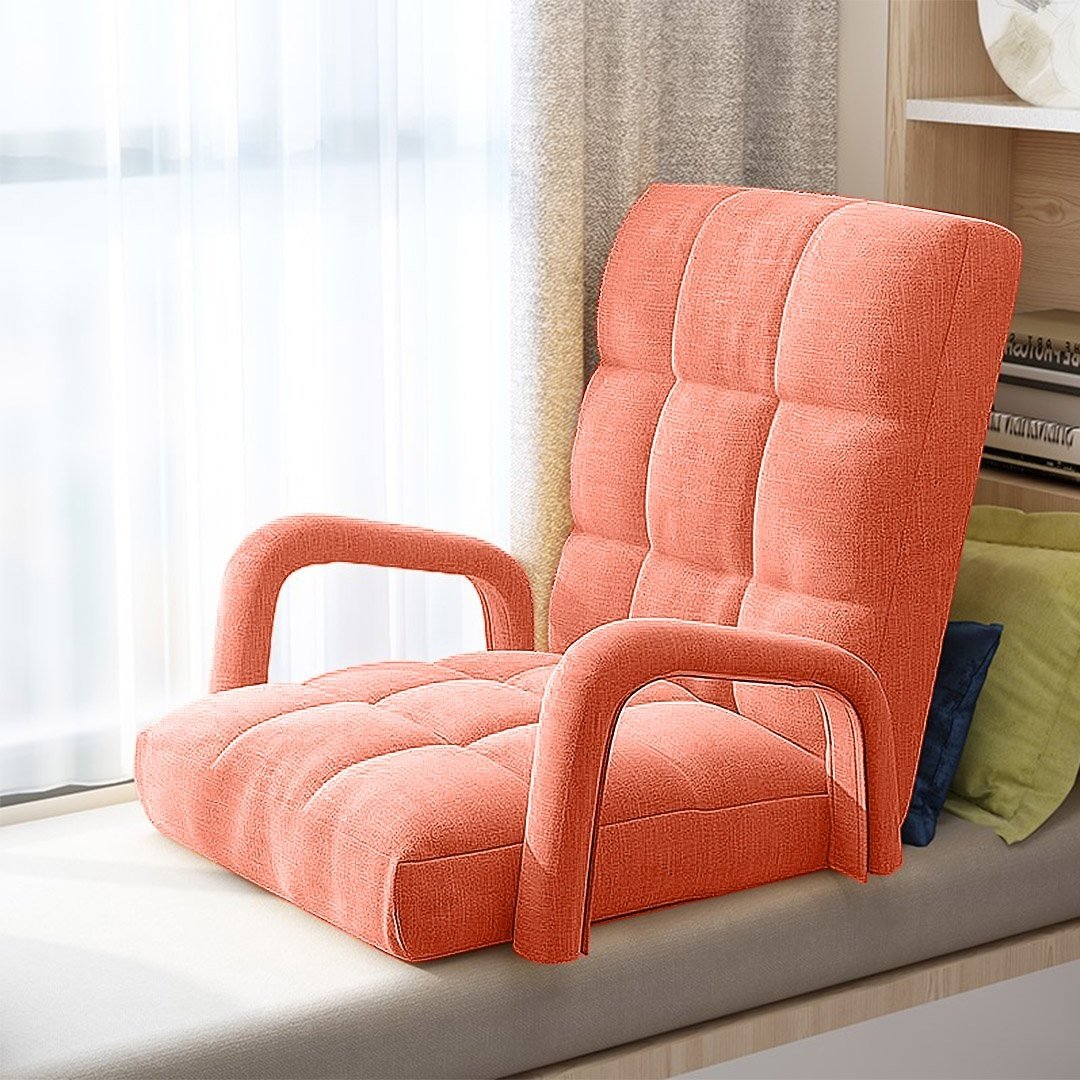 2X Foldable Lounge Cushion - Adjustable Floor Recliner Chair with Armrest, Orange - Perfect for Indoor/Outdoor Relaxation, Reading, and Lounging