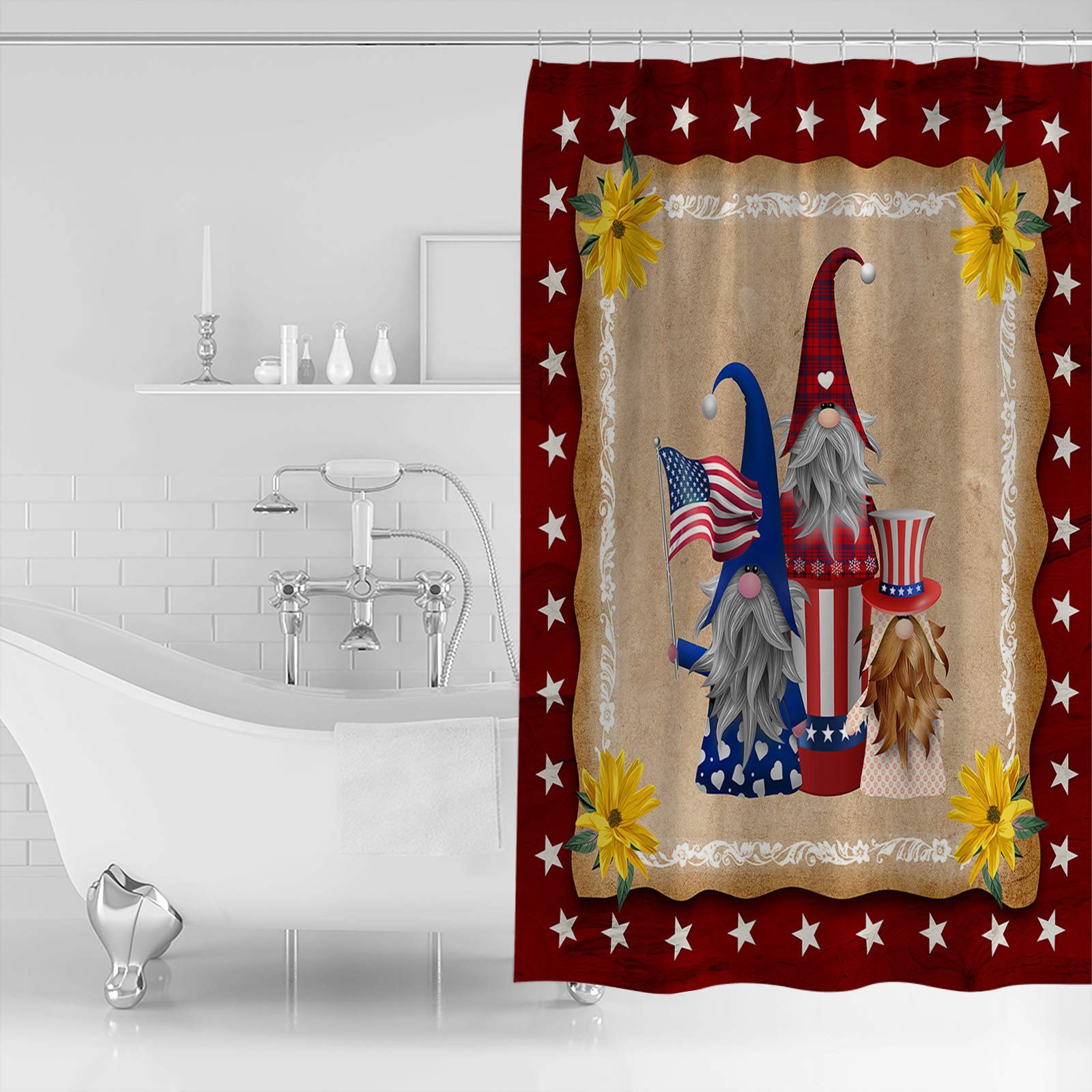 4th of July Patriotic Shower Curtain - USA Flag & Gnome Design, Waterproof Bathroom Decor with Hooks, 36