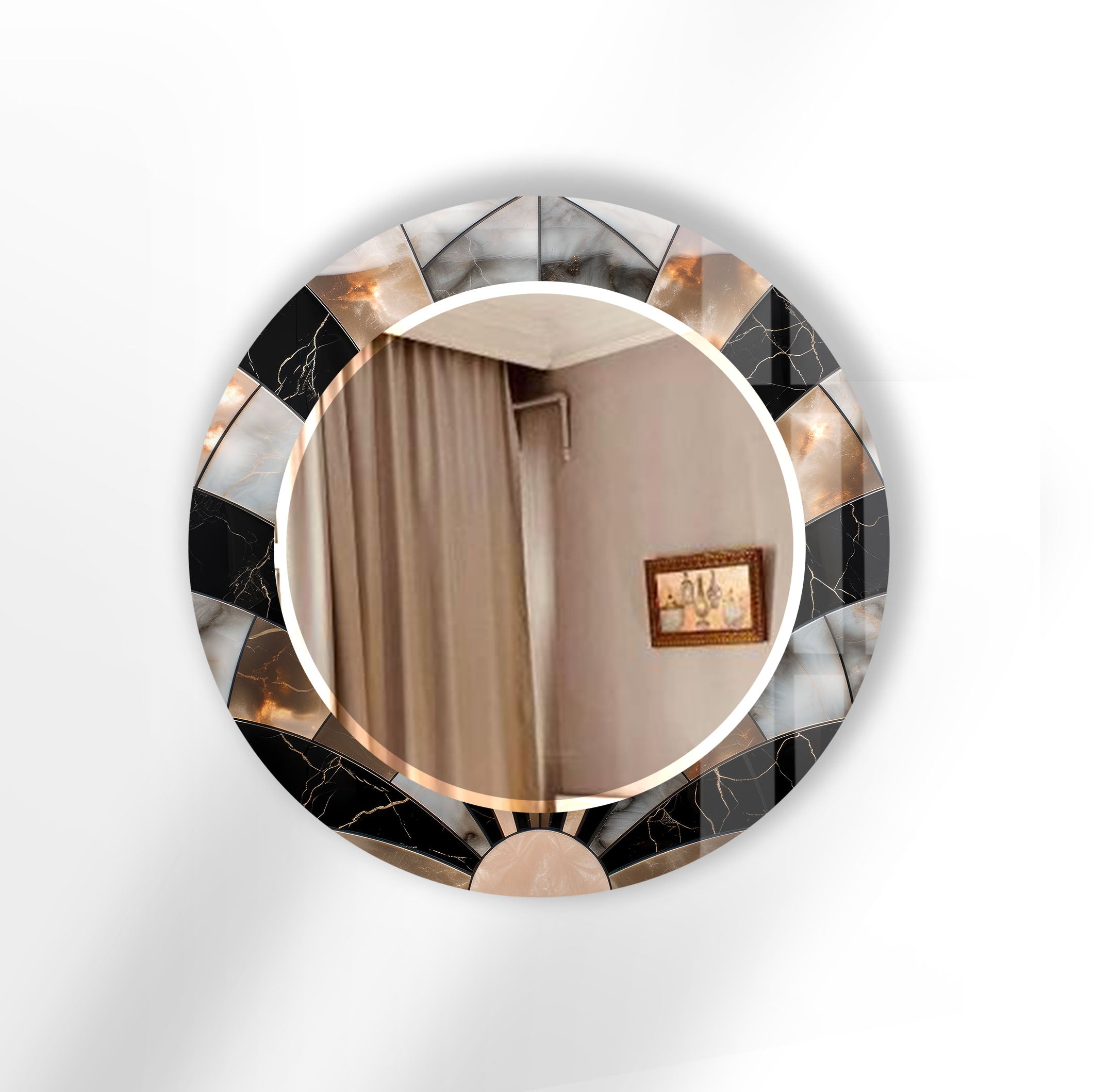 Elegant Black Marble Round Wall Mirror with Sunburst Frame - Perfect for Living Room, Bedroom, and Bathroom Decor
