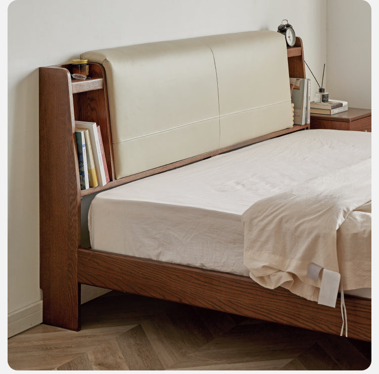Solid Oak Wood Luminous Bed with Shelf - Genuine Leather & Technical Fabric Headboard - Modern Bedroom Furniture for Master Bedroom, Guest Room, or Dorm
