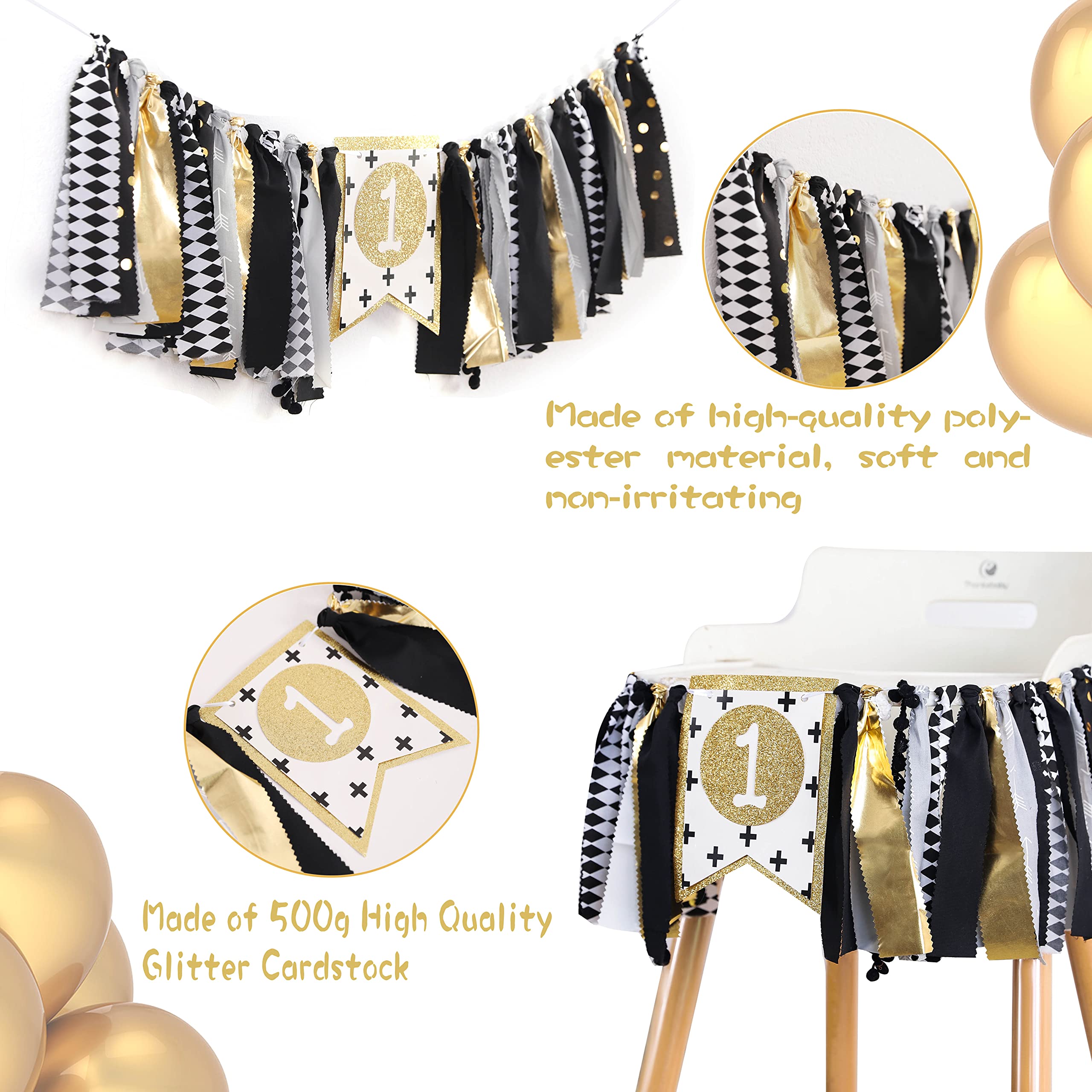Wild One 1st Birthday Highchair Banner - Black & Gold Baby Birthday Decorations for Kids Party, Photo Booth Props & Party Supplies | Perfect for 1st Birthday Celebrations, Cake Smash Photos & Nursery Decor
