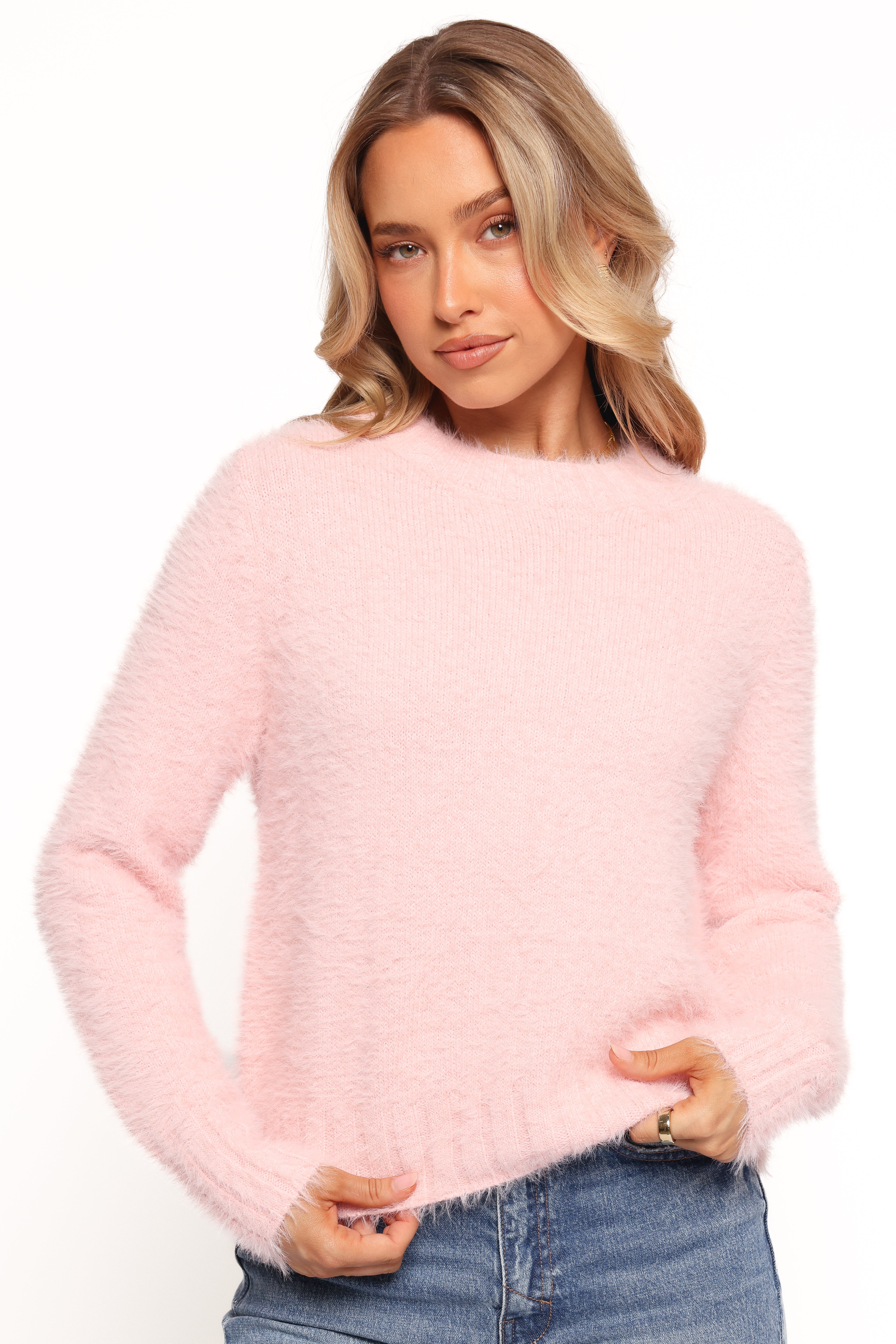 Aspra Fuzzy Crewneck Knit Sweater for Women - Soft Pink Winter Pullover | Cozy Casual Wear, Office Outfit, Fall & Winter Fashion
