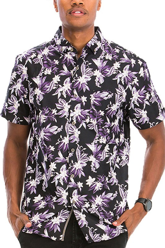 Hawaiian Button Down Shirt for Men - Tropical Floral Print Short Sleeve Casual Shirt - Perfect for Beach Vacation, Summer Party & Hawaiian Theme Events