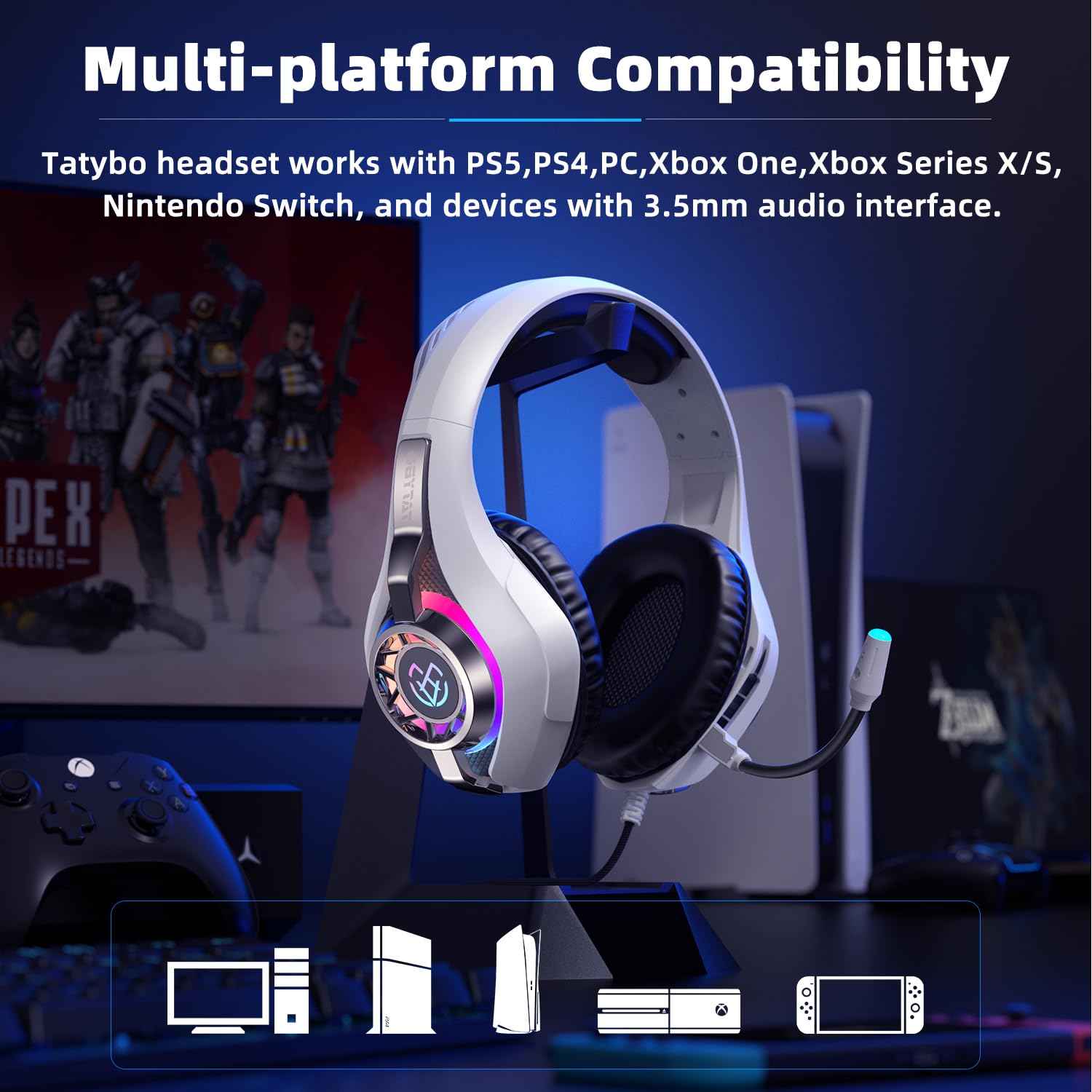 Tatybo Gaming Headset with Microphone, Surround Sound Over-Ear Headphones for PS5, PS4, Xbox One, PC, Mac, Nintendo Switch - Comfortable Large Ear Cups - Perfect for Gaming, Streaming & Online Meetings (White)
