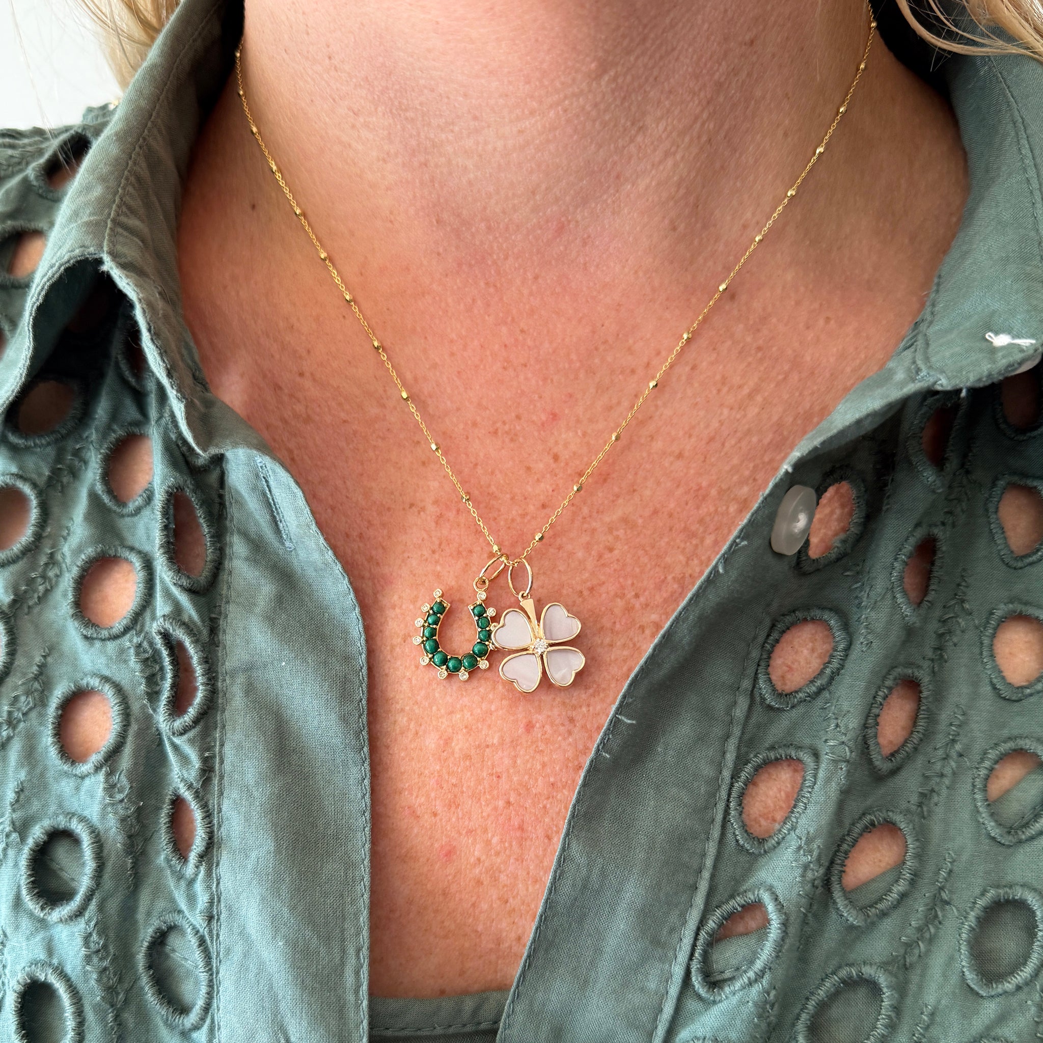 14K Yellow Gold Malachite & Diamond Horseshoe Pendant Necklace for Women - Lucky Charm Jewelry Gift for Birthday, Anniversary & Everyday Wear