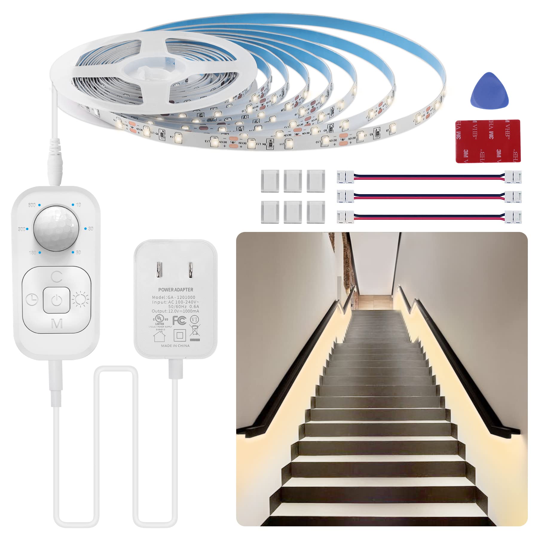 Motion Sensor LED Strip Lights - Indoor Plug-in Step Lights with Timer & Dimmer, Multi-Functional Controller for Stairs, Kitchen Cabinets, Bedroom, Corridor, Bathroom, Counter, Shelf & Showcase - Perfect for Night Safety & Accent Lighting