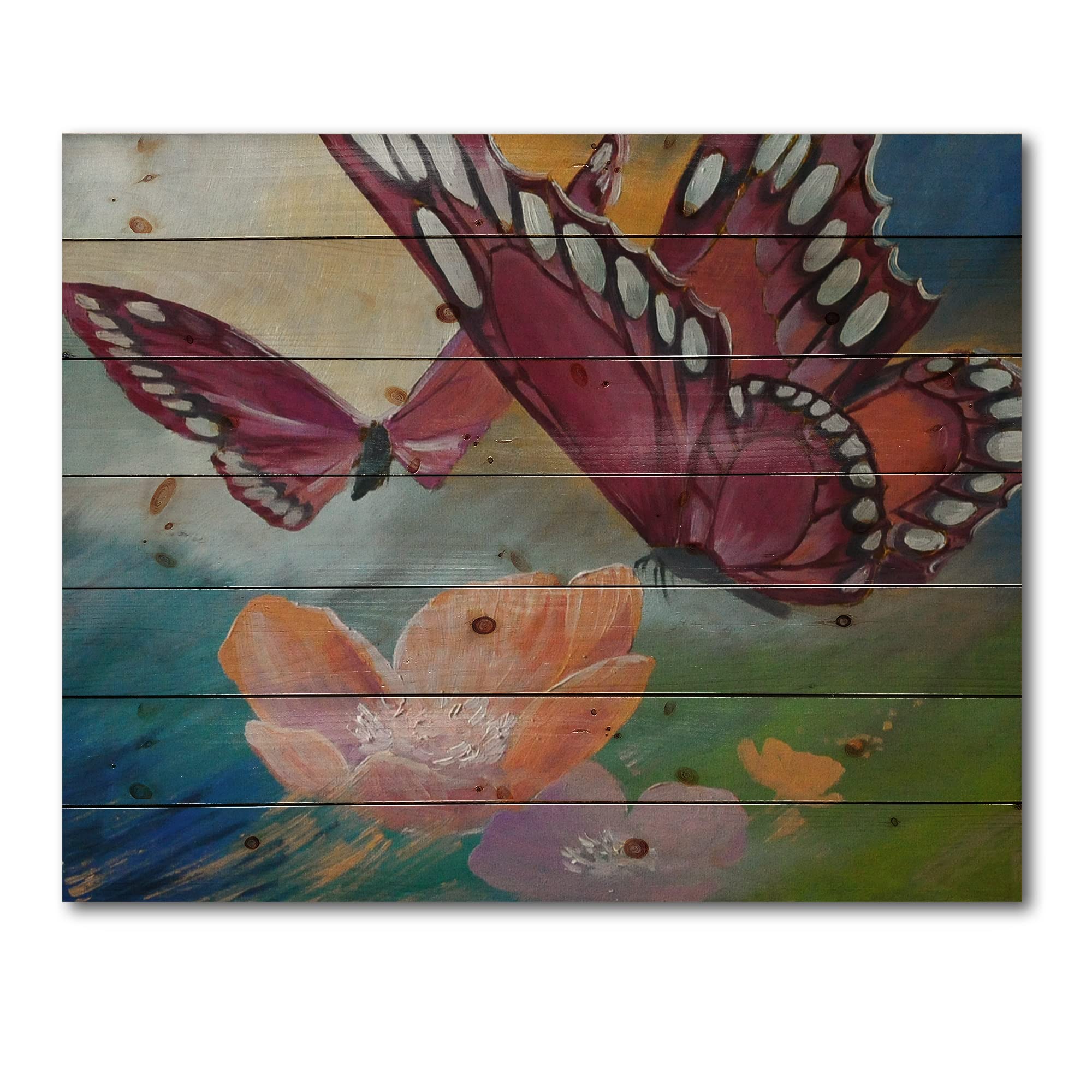 Butterfly on Pink Flowers Traditional Wood Wall Decor - Pink Wood Wall Art for Living Room, Bedroom - Large Animal Wood Panels Printed on Natural Pine - Home & Office Decoration
