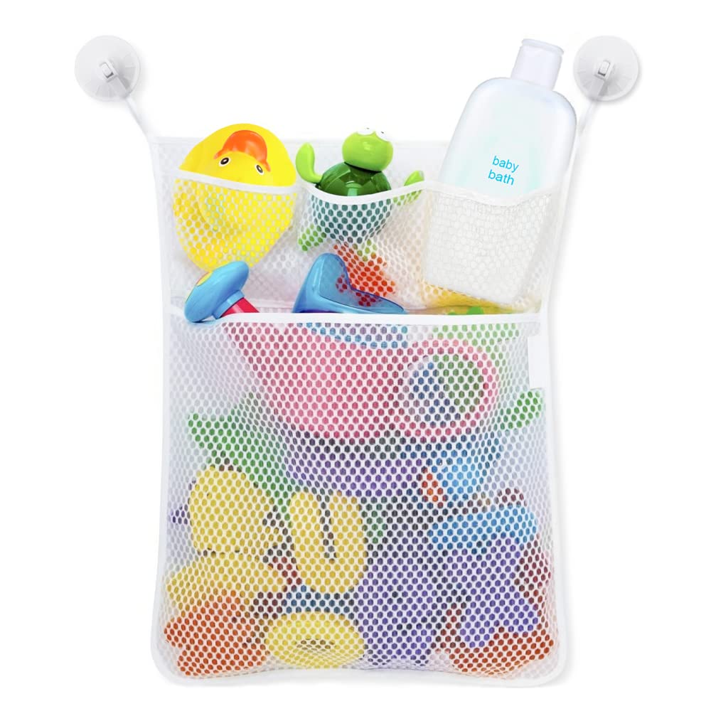 2-Pack Bath Toy Organizer with 4 Strong Suction Hooks - Mesh Storage Bag for Bath Toys, Shampoo & Soap - Quick-Drying Shower Toy Holder - Perfect for Kids' Bathtime Organization and Bathroom Storage