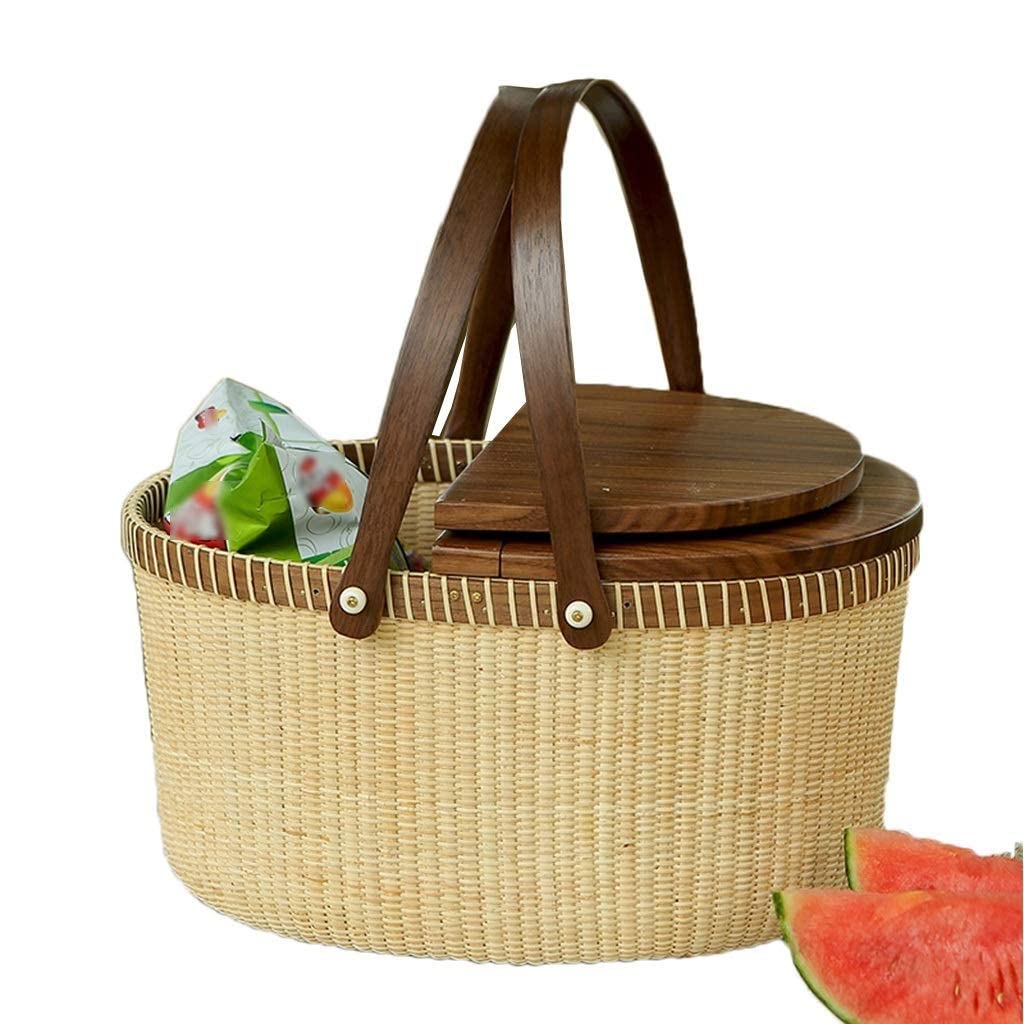 YOYOSHU 15x11x16 Inch Rattan Picnic Basket with Solid Wood Lid - Double Folding Handles, Easter Basket & Grocery Basket (Brown) - Perfect for Outdoor Picnics, Beach Trips, and Farmers Market Shopping