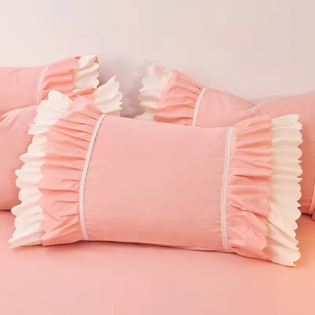Lush Ruffled Coquette Aesthetic Bedding Set - Queen Size 4-Piece Soft Pink Floral Duvet Cover with Pillowcases - Romantic Shabby Chic Bedroom Decor for Girls & Women