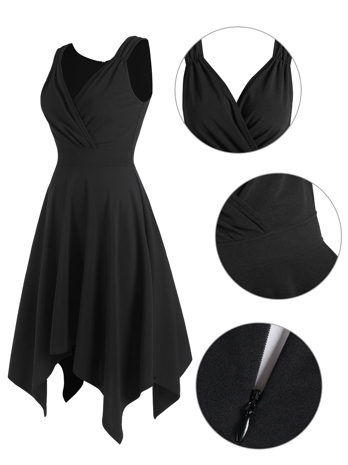 ZAFUL Women's Vintage V-Neck Sleeveless Asymmetrical Hem Midi Swing Dress - Summer Cocktail Party Sundress for Beach, Vacation & Date Night