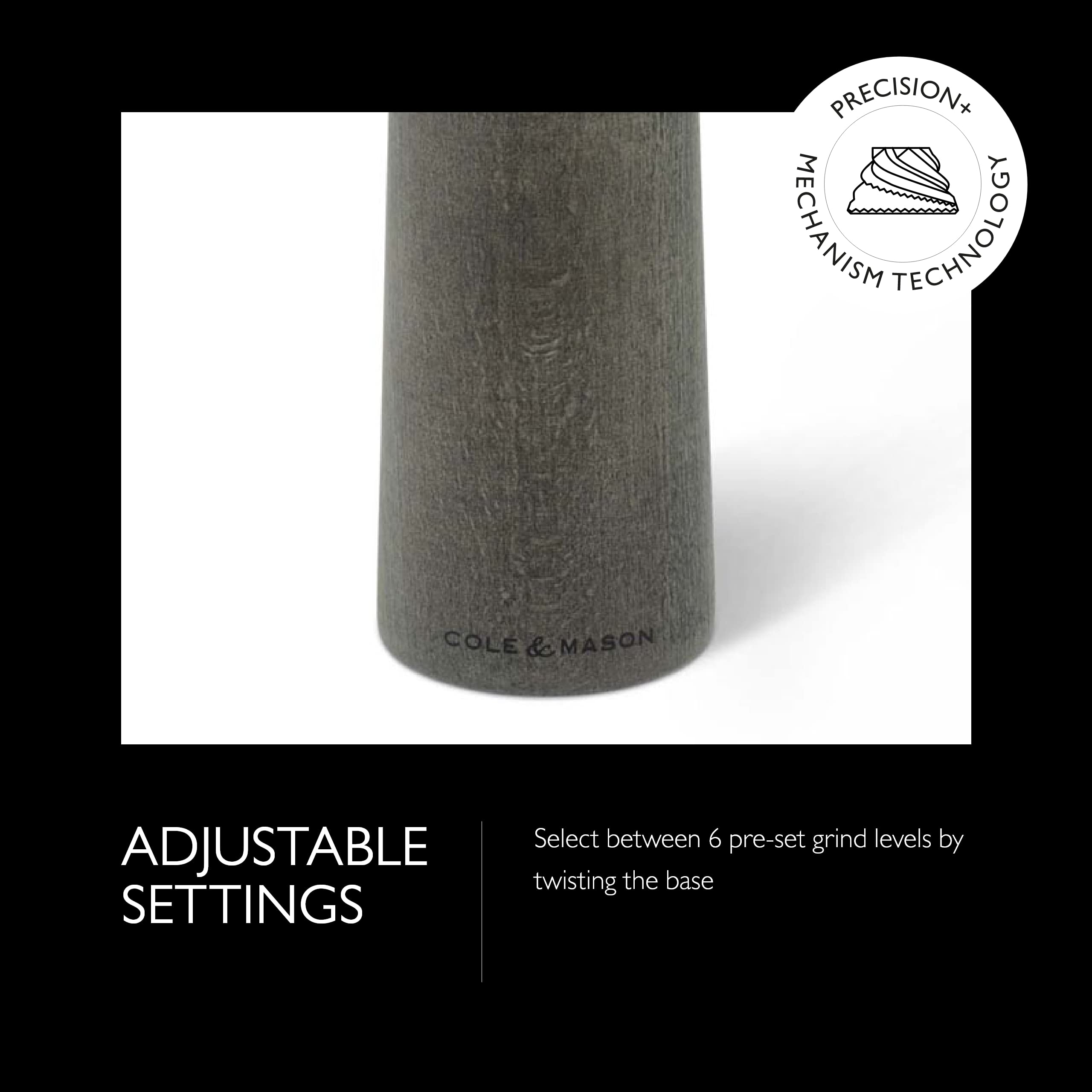 Cole & Mason Marlow Rustic Grey Wood Pepper Mill - Adjustable Peppercorn Grinder with Refillable Design - Premium Spice Grinder for Kitchen, Dining Table & Restaurant Use - Dark Grey Finish
