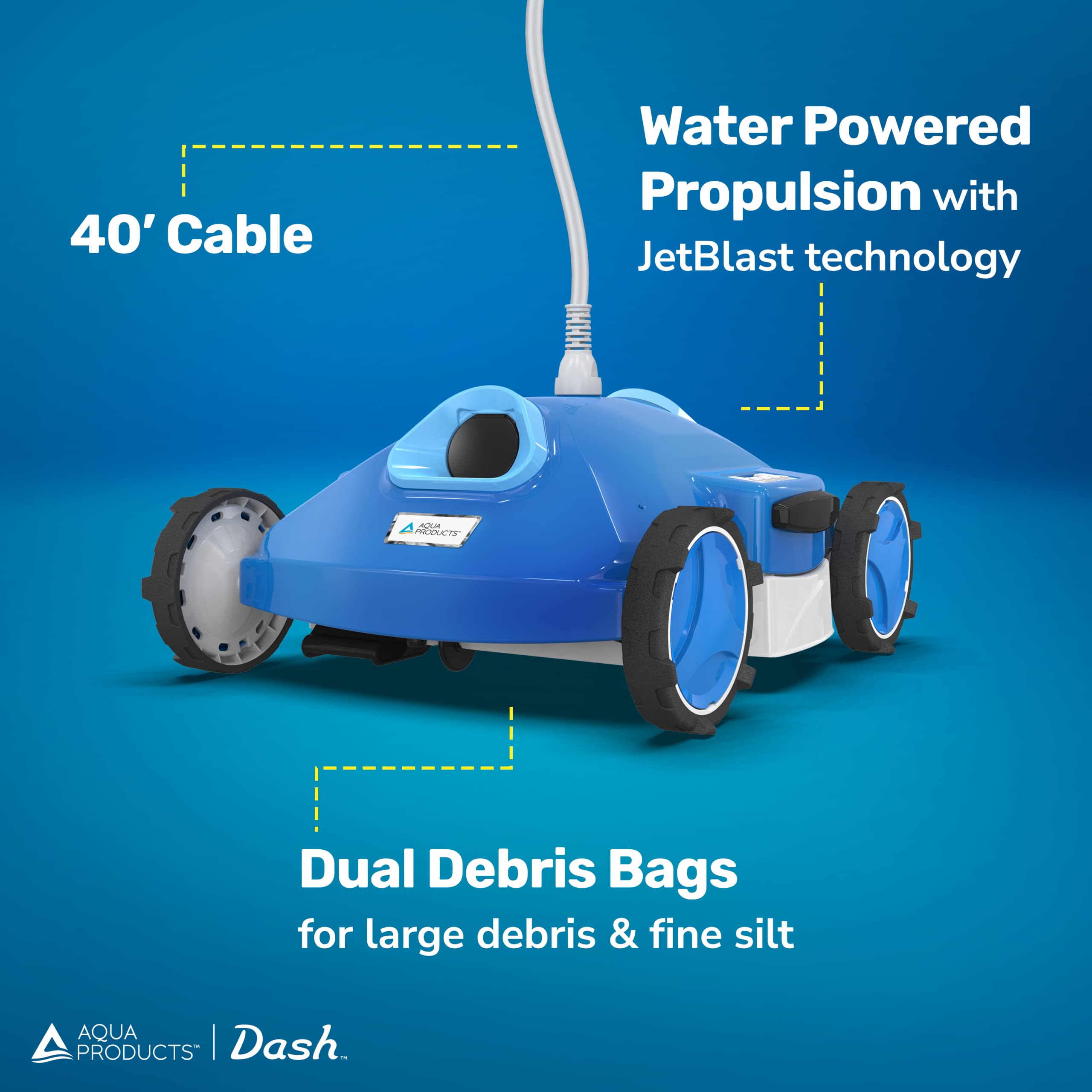 Aqua Products Dash AG Jet Automatic Robotic Pool Cleaner for Above-Ground Pools up to 30ft - Powerful JetBlast Technology with Dual Debris Bags - Ideal for In-Ground and Above-Ground Swimming Pool Maintenance, Leaves Your Pool Sparkling Clean