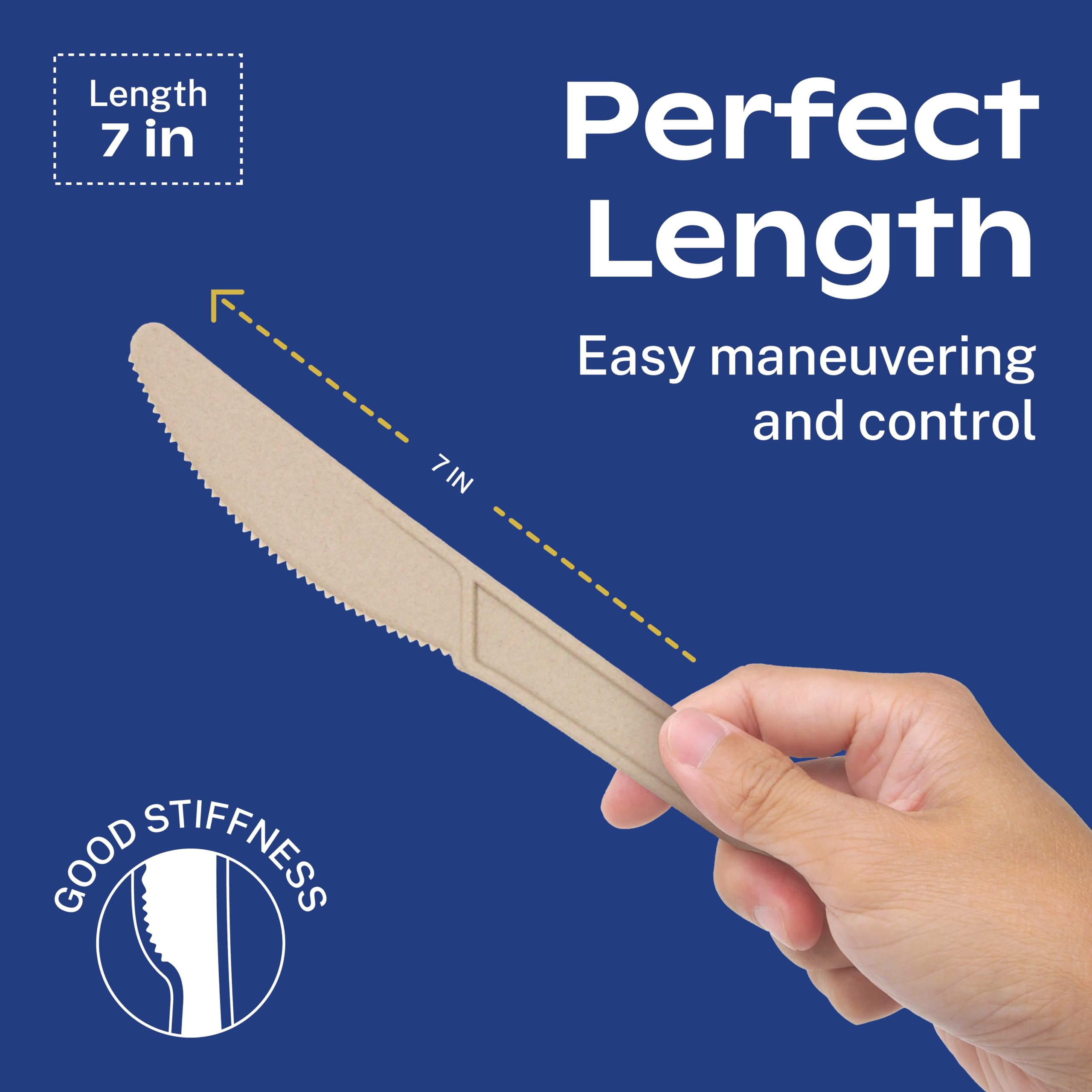 Eco-Friendly Light Brown 100% Compostable Knives - 120 Pack Heavy Duty 7-Inch Biodegradable Cutlery | Plastic-Free, Break-Resistant with Smooth Edges | Perfect for Picnics, BBQs, Camping & Zero-Waste Parties | Ocean Safe Alternative to Plastic Silverware