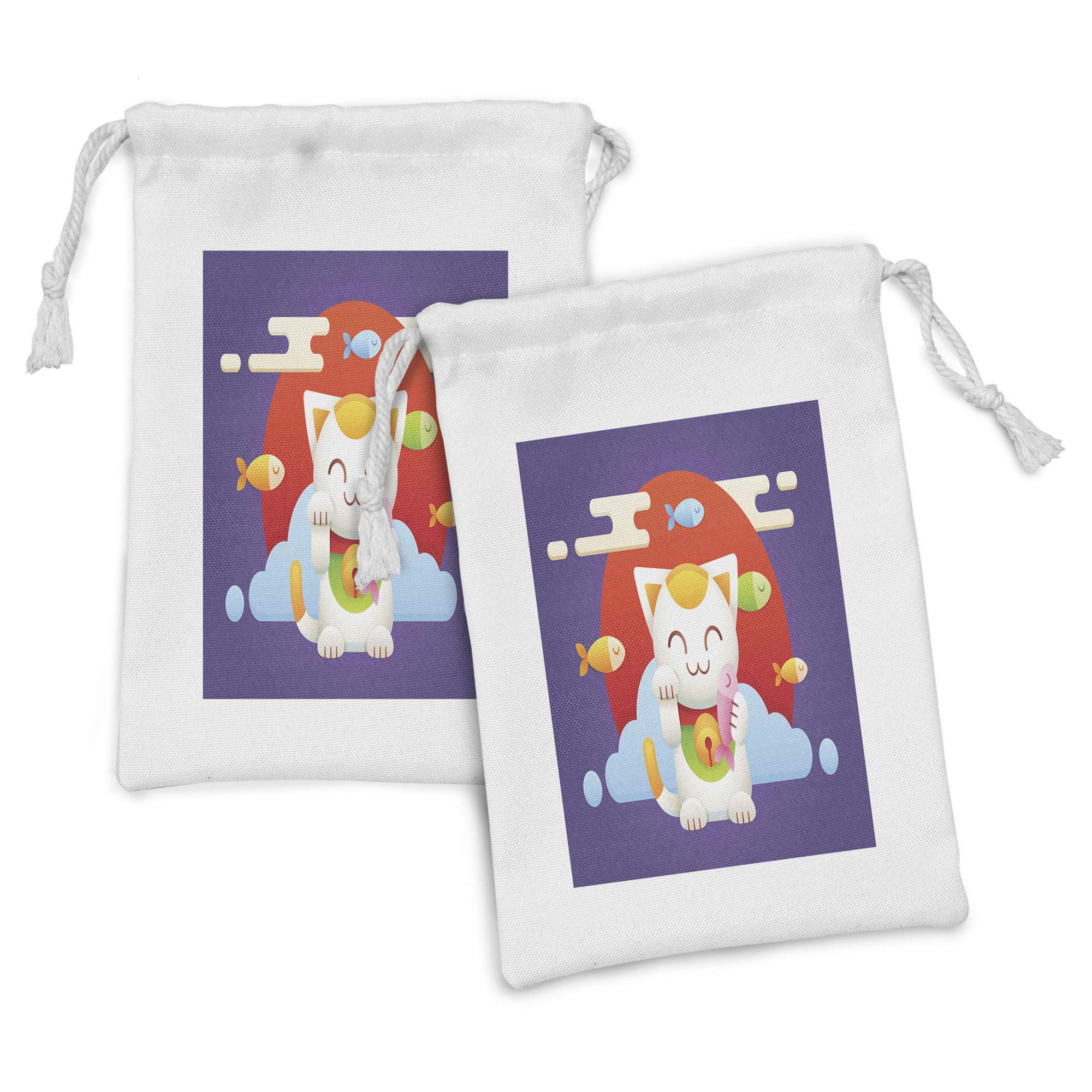 Ambesonne Japanese Lucky Cat Fabric Pouch Set of 2 - Maneki Neko Drawstring Bags for Fortune (9