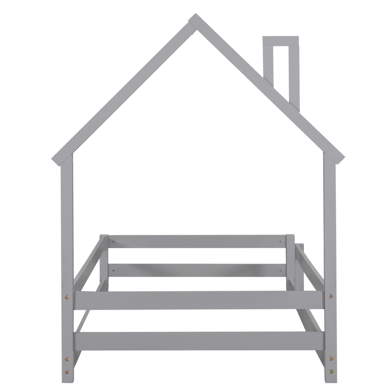 Montessori Twin Size Wood Floor Bed Frame with Safety Rails & House-Shaped Headboard - Low Profile Grey Wooden Bed for Kids Boys Girls - Perfect for Montessori Bedrooms, Daycare Centers & Toddler Rooms