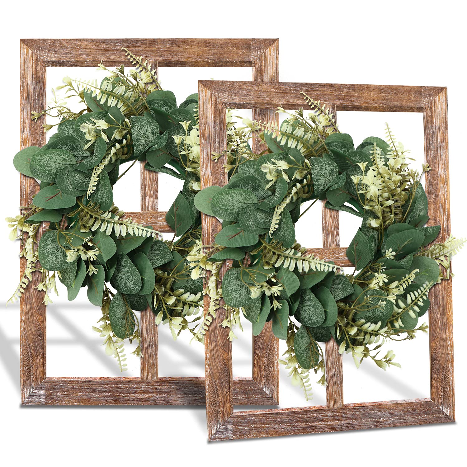 Rustic Wood Window Frame with Wreath - Farmhouse Wall Decor for Living Room, Bedroom