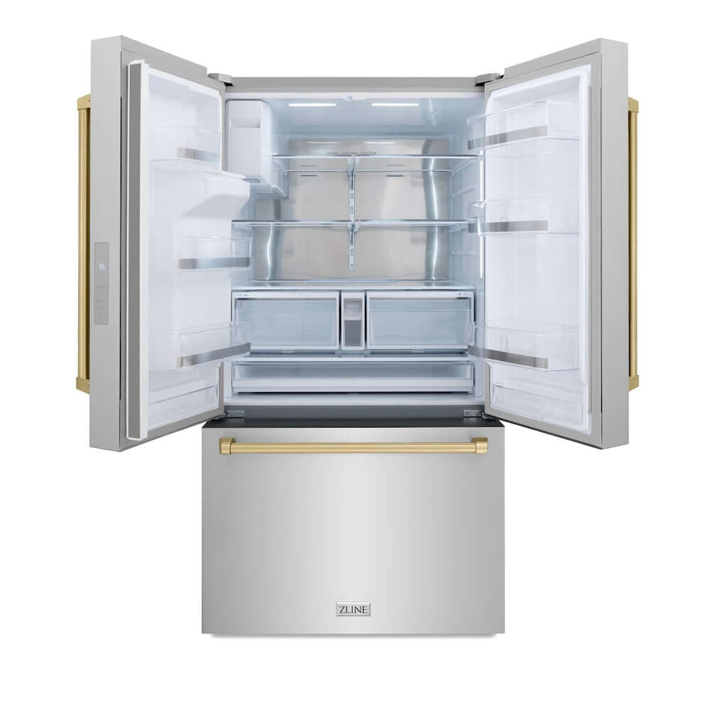 ZLINE Autograph Edition 36 Inch French Door Refrigerator with External Water Dispenser & Dual Ice Maker - 28.9 cu.ft Capacity, Fingerprint Resistant Stainless Steel with Champagne Bronze Handles (RSMZ W 36 CB) - Perfect for Modern Kitchens, Entertaining & Large Family Storage
