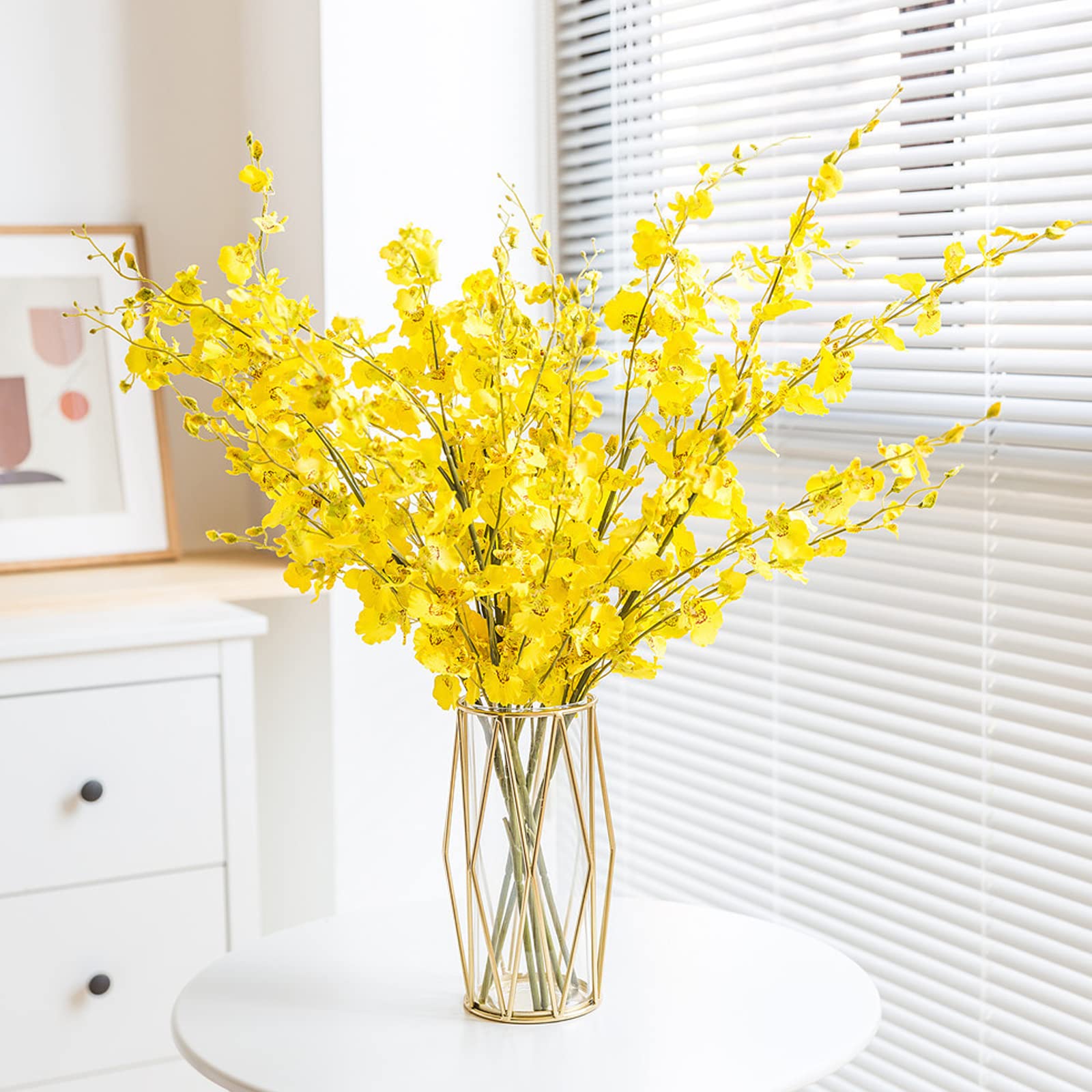 Elegant Gold Flower Vases with Geometric Metal Stand - Modern Bulk Terrarium Crystal Vases for Pampas Grass, Centerpieces, Home & Wedding Decor (8.5