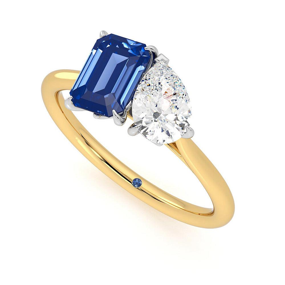 Toi et Moi Pear Shaped Moissanite & Emerald Cut Sapphire Engagement Ring - Unique Bridal Jewelry for Wedding Proposals & Anniversary Gifts