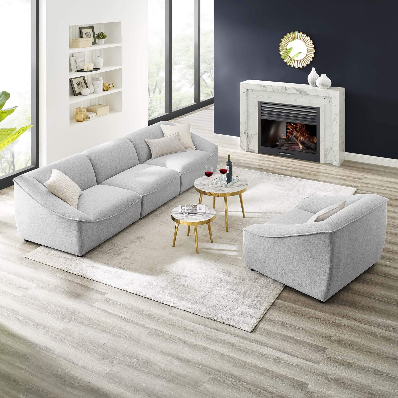Modway Comprise 4-Piece Fabric Upholstered Sectional Sofa Set in Light Gray - Modern Living Room Furniture for Small Spaces & Apartments