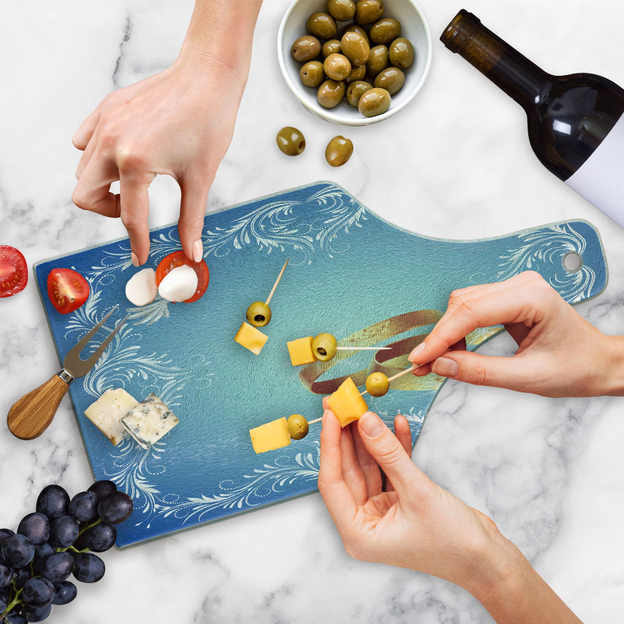 Ambesonne Wedding Cutting Board - Heart Shaped with Flying Doves & Wedding Rings - Tempered Glass Serving Tray for Wine Bottles - Blue White & Caramel - Perfect for Anniversary Gifts, Bridal Showers & Romantic Dinner Serving