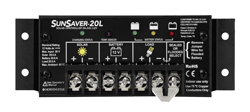 SunSaver 20L Solar Charge Controller with Low Voltage Disconnect (LVD) - Perfect for Off-Grid Power Systems, RVs, Boats & Solar Panel Kits