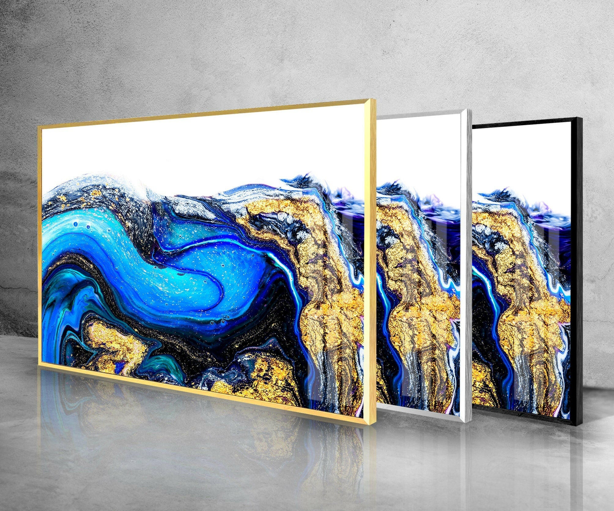 Blue Gold Marble Abstract Glass Wall Art - Modern Home Decor for Living Room, Bedroom & Office - Elegant Handmade Glass Panel for Contemporary Interior Design