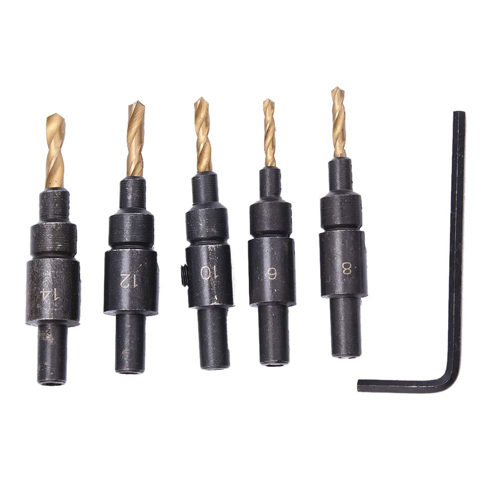 5-Piece HSS Countersink Drill Bit Set - 6#, 8#, 10#, 12#, 14# Sizes - Quick Change Woodworking Tools with Hex Wrench - Perfect for Carpentry, DIY Projects & Furniture Assembly