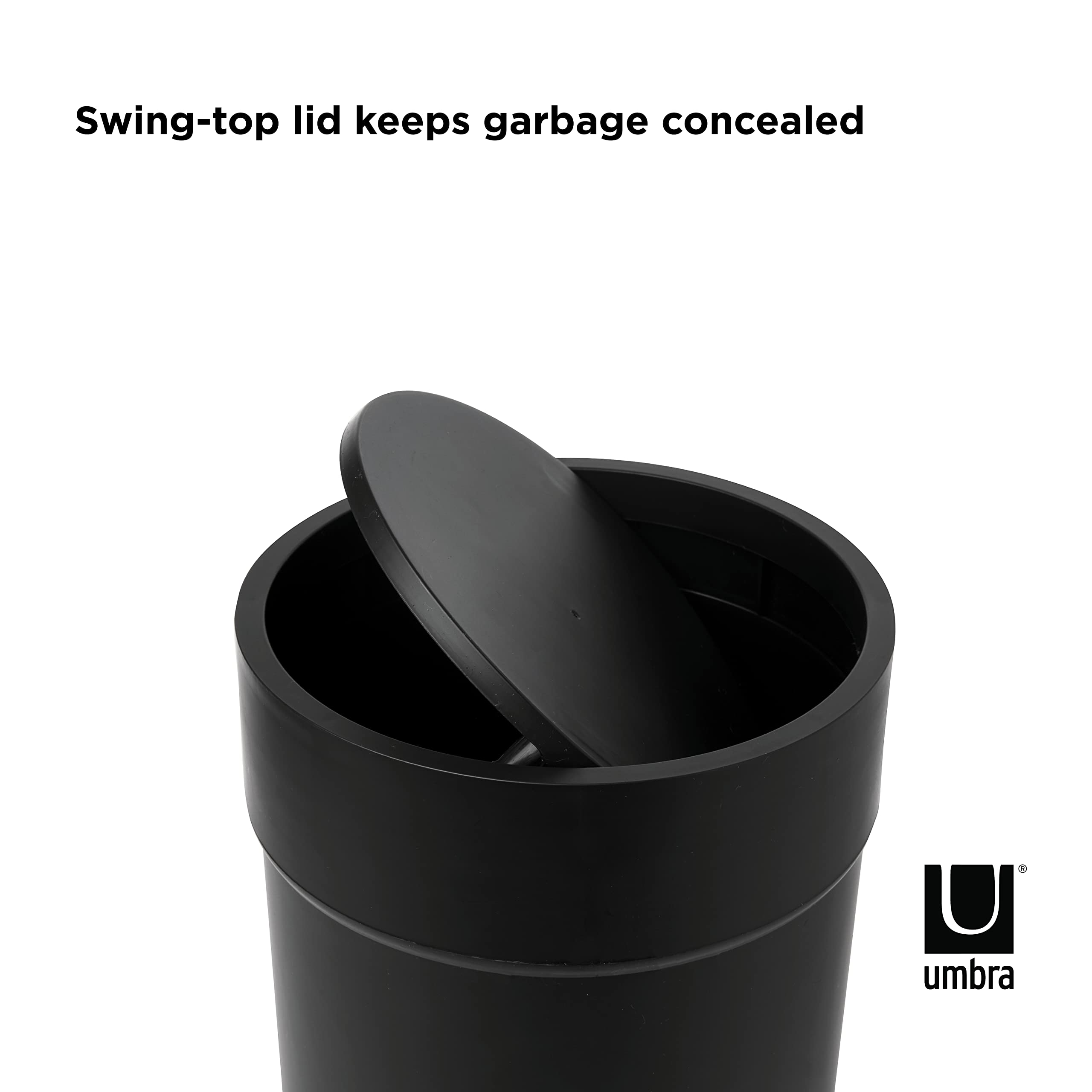 Umbra Touch Waste Can - Small Trash Can with Lid, Swing Lid Waste Basket for Bathroom, Kitchen & Office - Black Garbage Bin with Odor Control