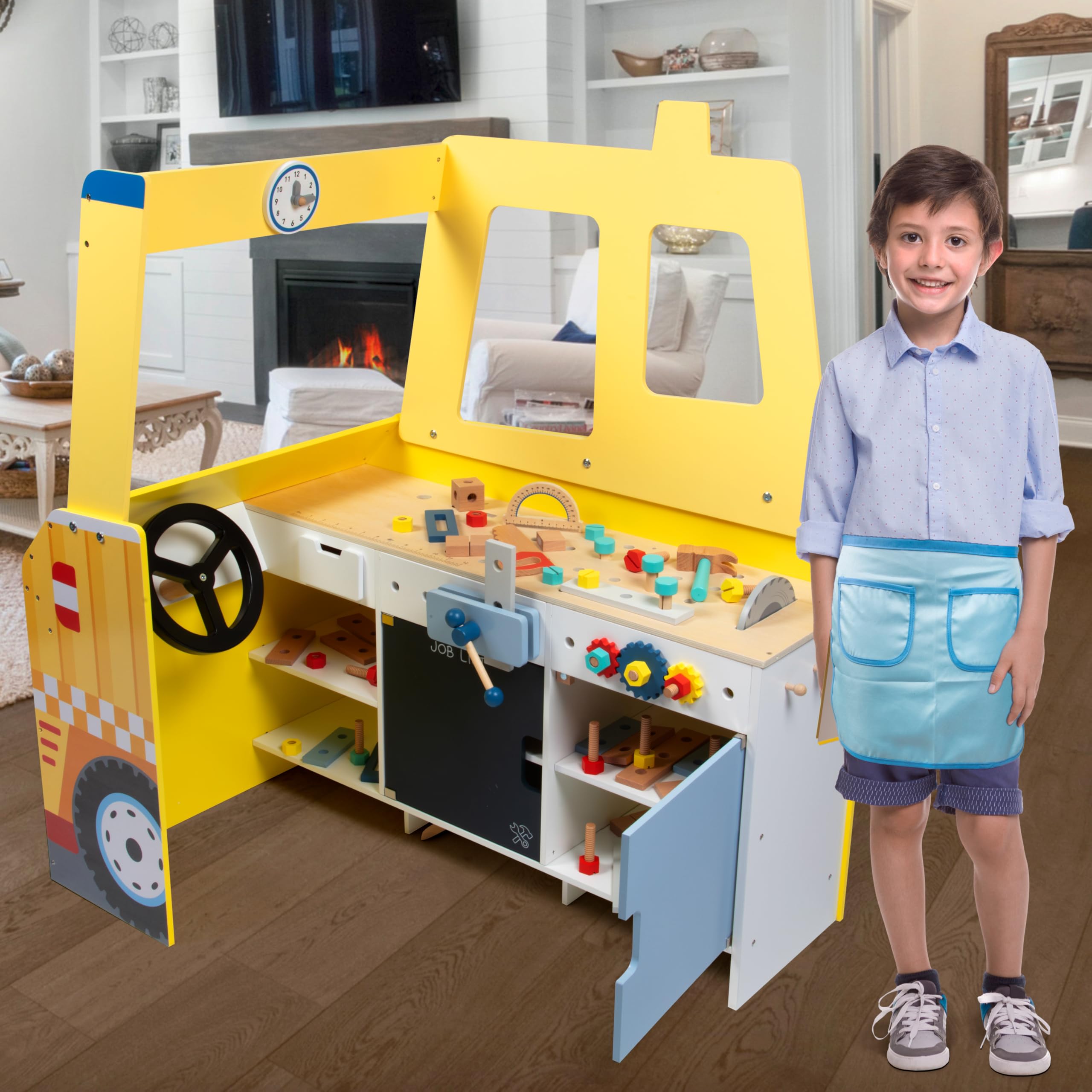 Construction Truck Wooden Playset with 60+ Toy Pieces - Pretend Play Hammer, Saw, Bolts & Screws - Spinning Turn Saw & Steering Wheel - Dual-Sided Play Stand & Workbench - Perfect Kids Gift for Building & Pretend Play - Great for Indoor Playtime & STEM Learning