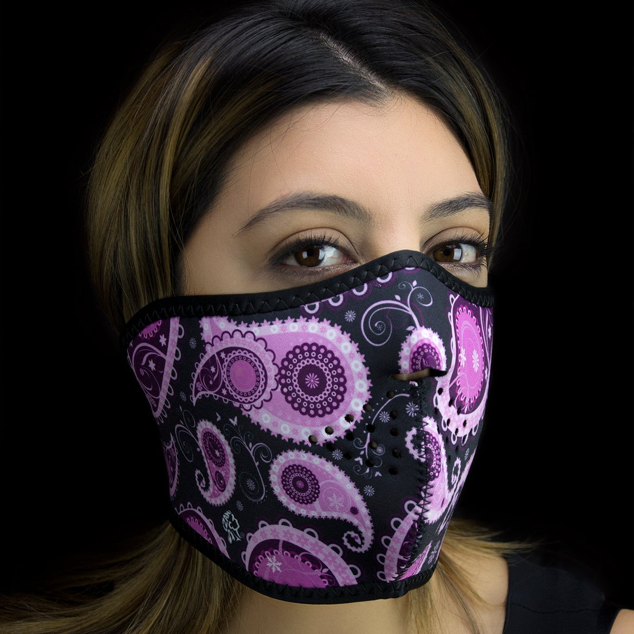 ZANheadgear Half Face Mask Neoprene Purple Paisley Design - Comfortable & Breathable for Outdoor Sports, Cycling, Running & Winter Protection
