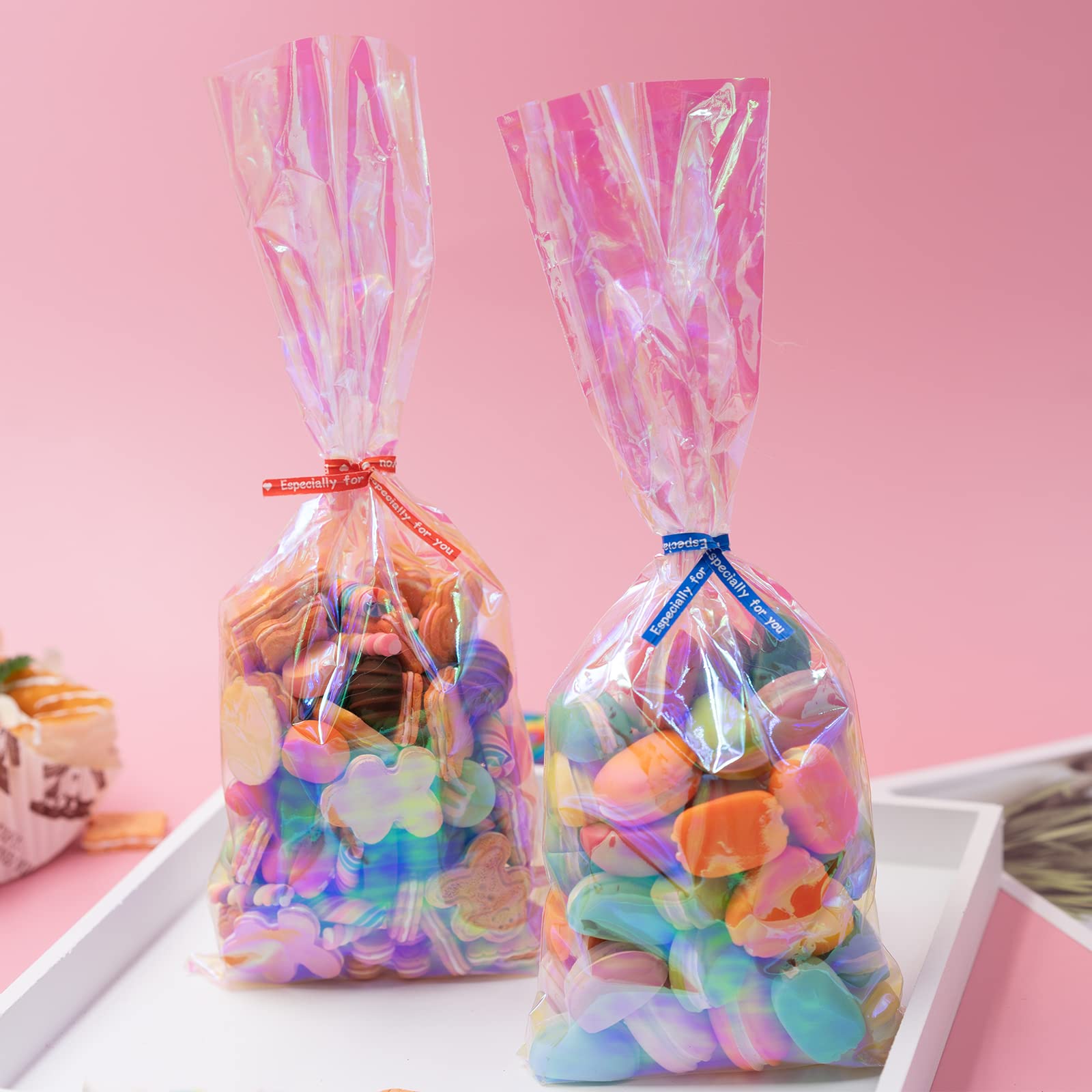 Easter Cellophane Treat Bags - Iridescent Holographic Candy Goodie Bags with 5 Colors Twist Ties for Party Favors, Easter, Weddings, Christmas, Valentine's Day | Perfect for Birthday Parties, Holiday Gifts & Candy Packaging