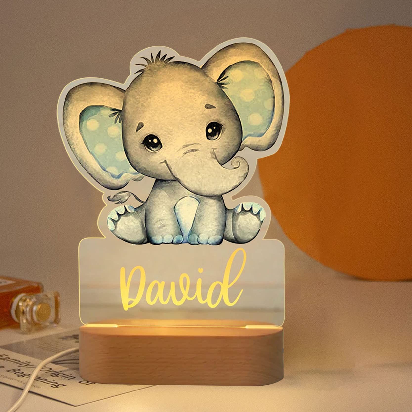 Personalized Name Baby Elephant LED Night Light - Cute Nursery Lamp for Girls, Kids Room Decor, Soft Glow Desk Light for Bedtime - Perfect for Bedrooms, Nurseries & Gift Giving