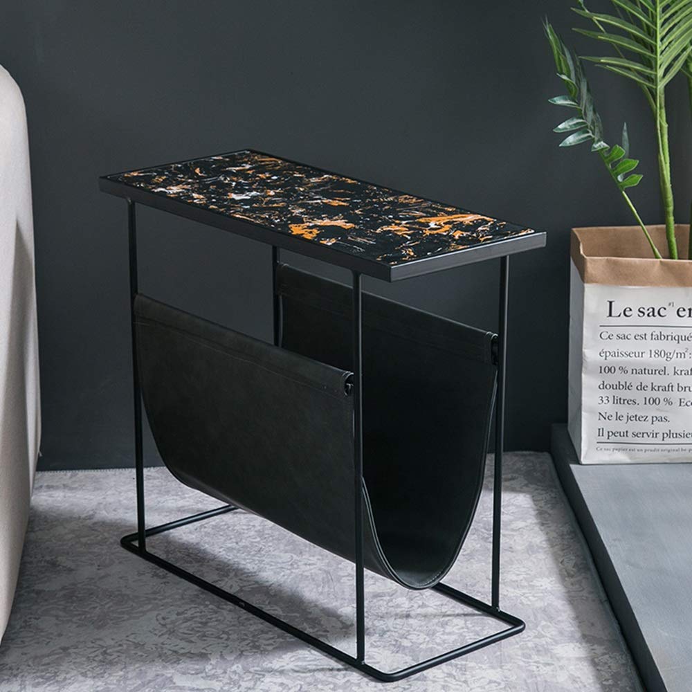 Wrought Iron Wall Mounted Side Table with Marble Countertop & Storage Bag - Space Saving Console Table for Living Room, Lounge, Study - Perfect for Small Spaces (Black)