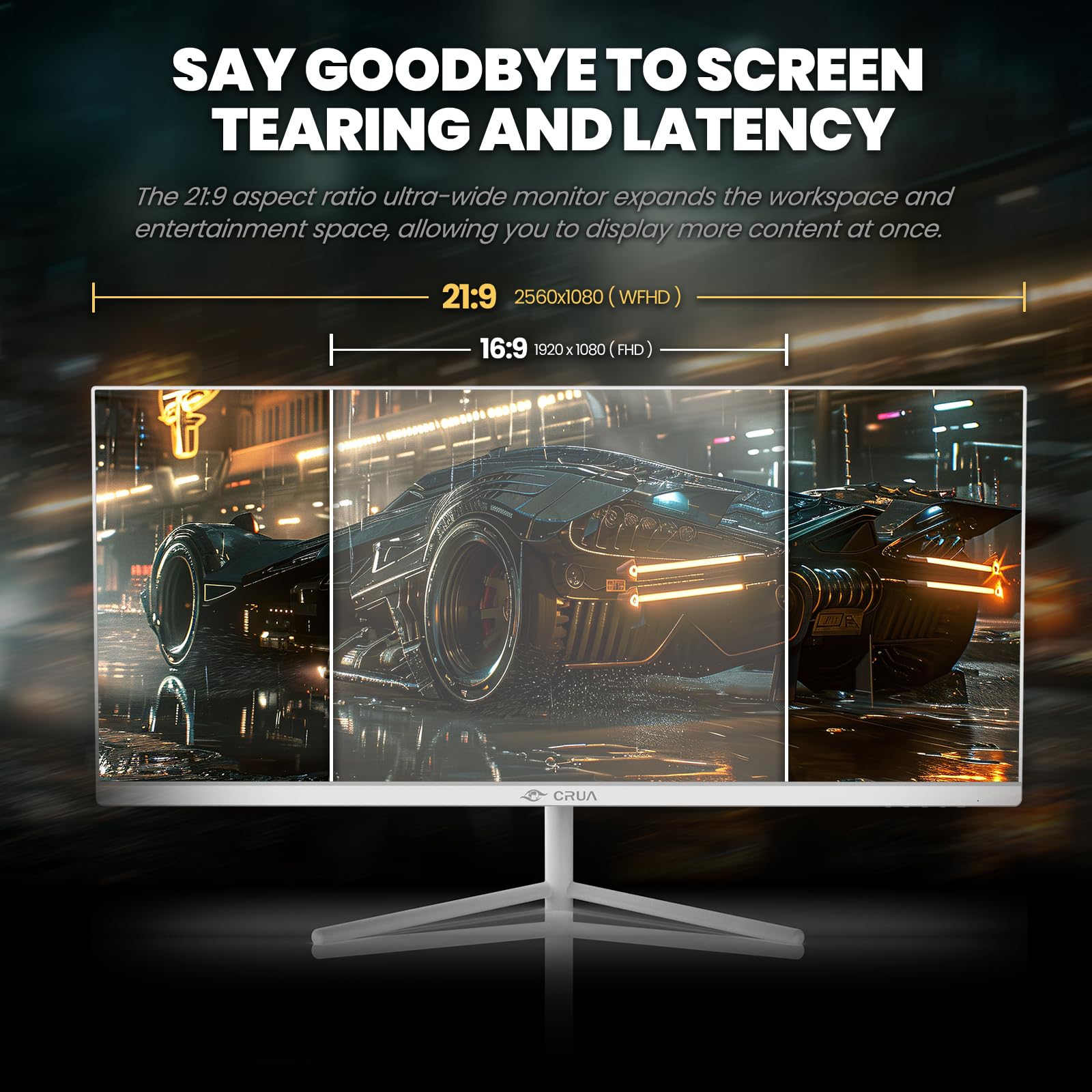 CRUA 30 Inch Ultra-Wide Gaming Monitor - 200Hz Refresh Rate, 21:9 WFHD (2560x1080) IPS Display, 99% sRGB, AMD FreeSync, HDMI 2.0 & DP 1.4 - Wall Mountable & Tilt Adjustable - Perfect for Esports, Streaming & Multi-Tasking