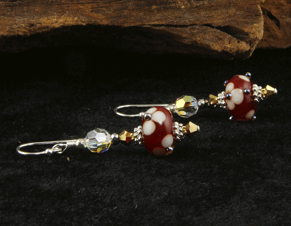 Handmade Golden Red Floral Lampwork Glass Earrings for Women - Elegant Bohemian Dangle Earrings for Party, Wedding & Special Occasions