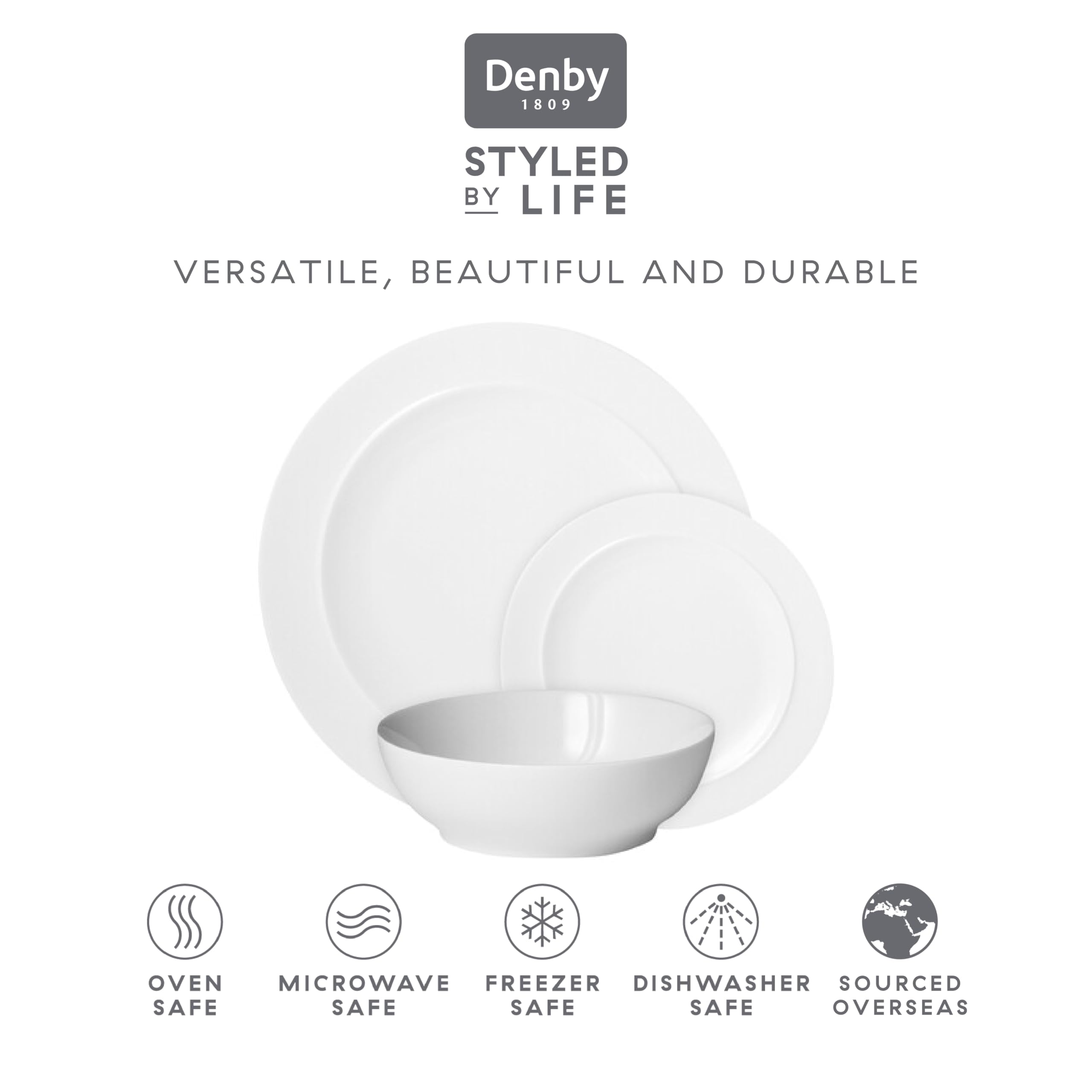 Denby White 12-Piece Porcelain Dinnerware Set - Fine China Dinner Plates, Salad Plates & Cereal Bowls - Dishwasher & Microwave Safe, Scratch Resistant - Perfect for Family Dinners, Holiday Entertaining & Everyday Use