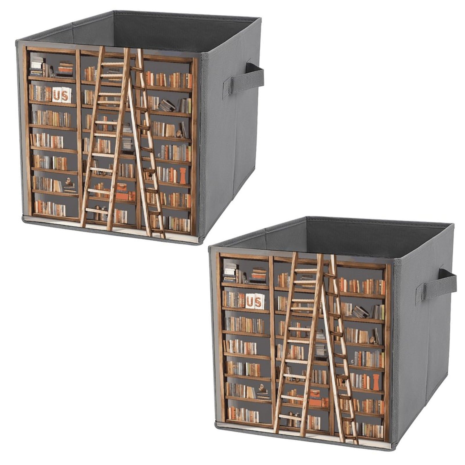 Funny Printed Storage Baskets & Bins 2-Pack - Decorative Book Shelf & Ladder Design Home Organization Containers for Bedroom, Bathroom, and Office Storage Solutions