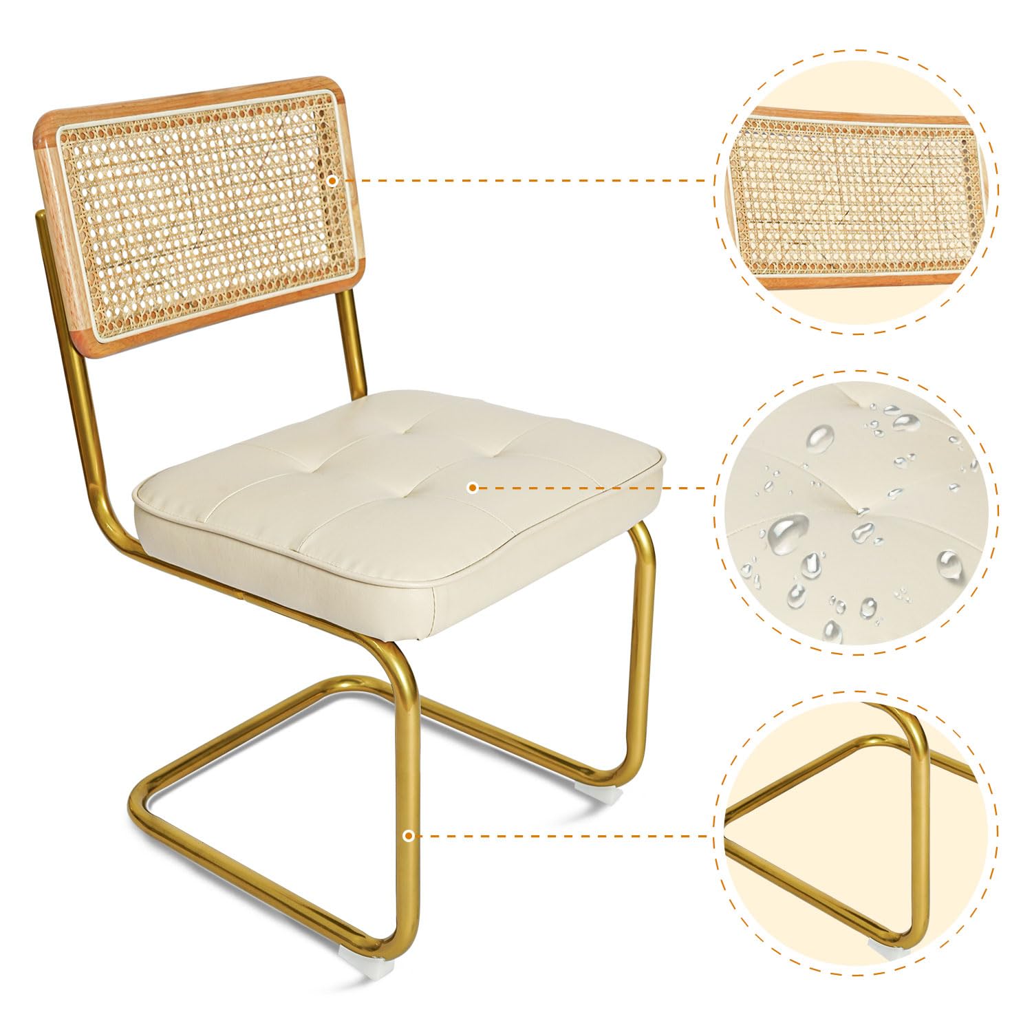 Modern Dining Chairs Set of 2 - Upholstered Faux Leather Seat with Rattan Backrest & Metal Legs, Armless Accent Chairs for Kitchen, Dining Room, Cafe, Restaurant - Beige Home Decor