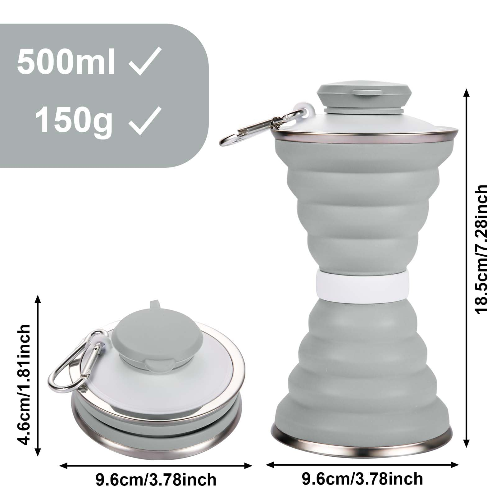 Collapsible Water Bottle 500ml - BPA Free, Leak Proof, Reusable & Portable Silicone Foldable Water Bottle with Clip - Perfect for Sports, Travel, Camping, Hiking, Gym & Outdoor Activities (Gray)