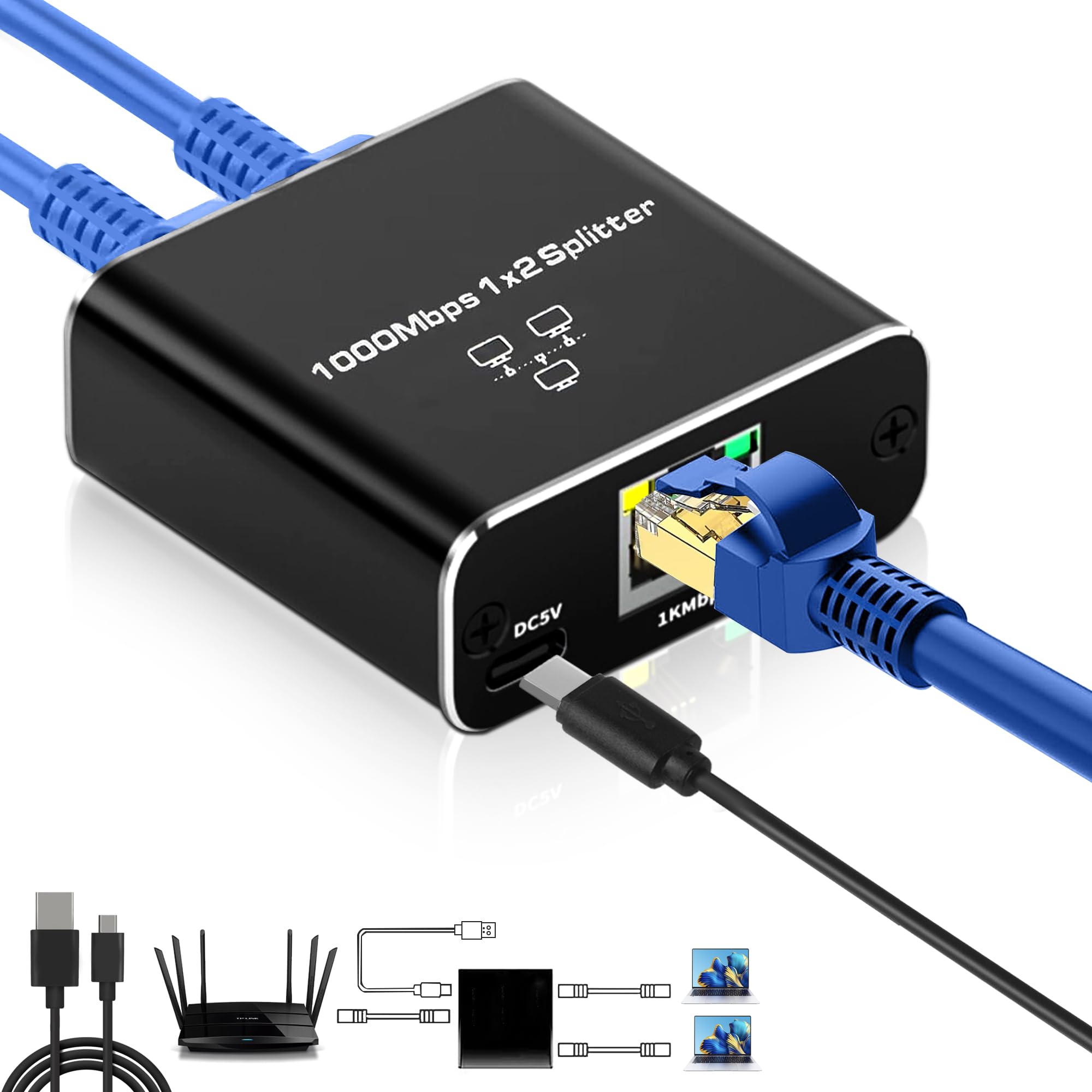 Gigabit Ethernet Splitter 1 to 2 Port, High Speed LAN Network Adapter with USB C Charging Cable - Plug & Play for Cat5/Cat5e/Cat6/Cat7/Cat8 RJ45 Cables - Ideal for Home Office, Gaming & Streaming Setup