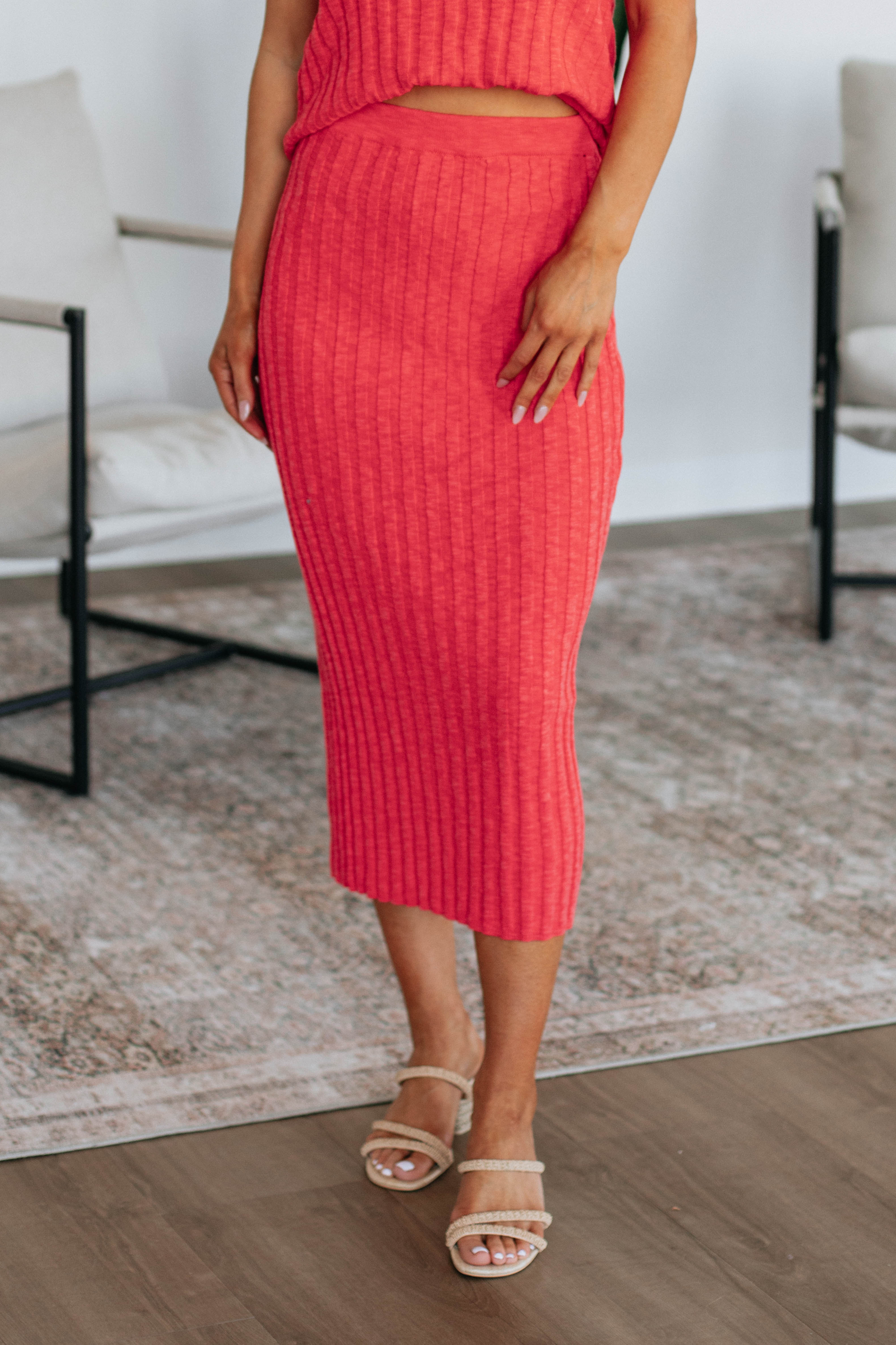 Andri Knit Skirt for Women - Soft Stretch Deep Coral Midi Skirt | Perfect for Casual Wear, Office Outfits & Date Nights