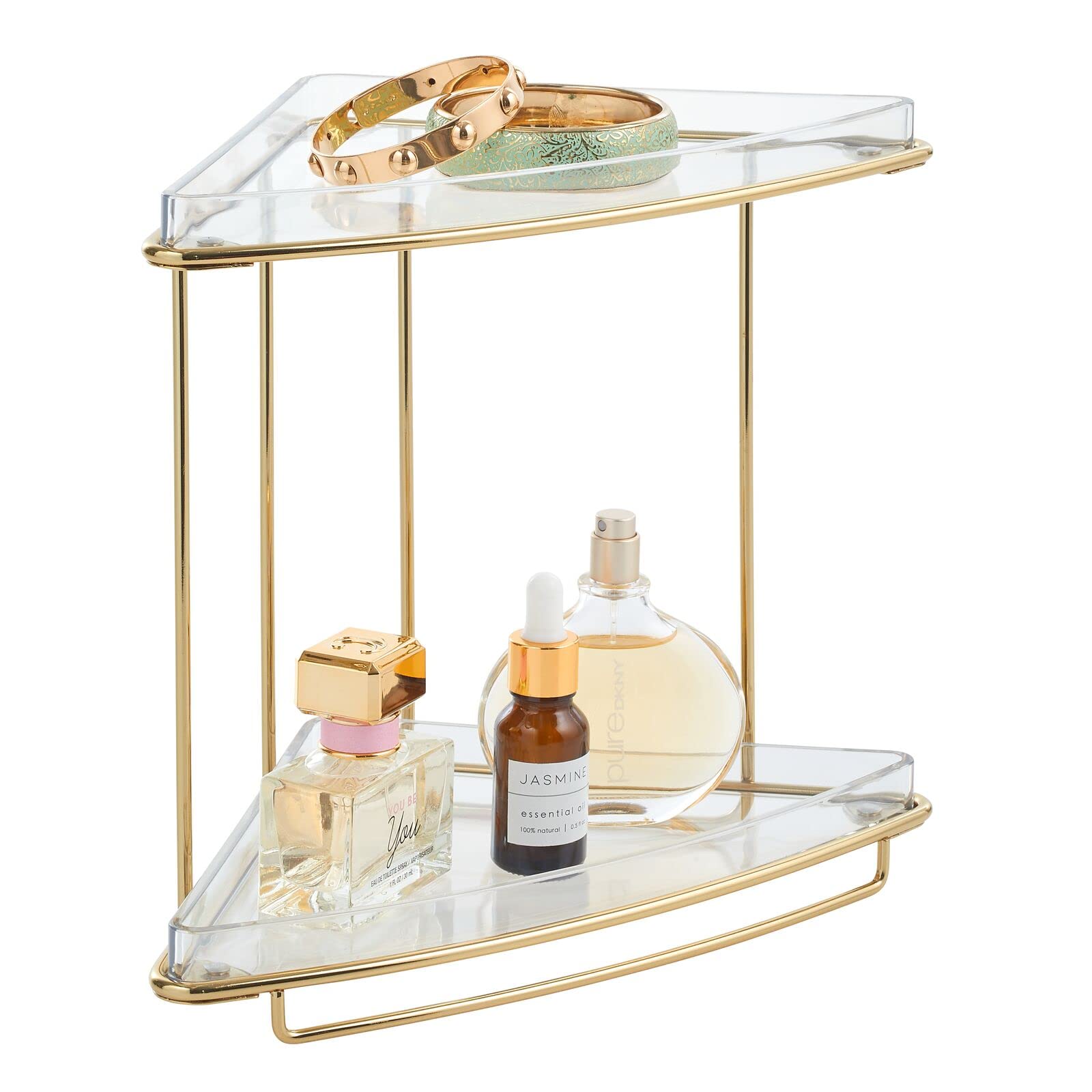 2-Tier Freestanding Corner Shelf Organizer - Steel/Plastic Bathroom Storage for Makeup, Bath Gel & Toiletries - Clear/Soft Brass Prism Collection - Perfect for Vanity, Cabinet & Countertop Organization