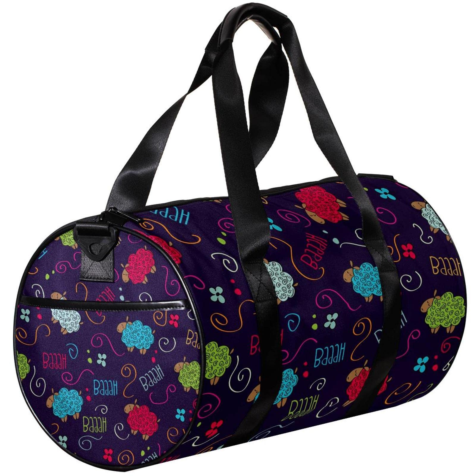Men's Gym Duffle Bag - Large Sports Travel Bag with Wet Pocket (Blue/Red/Green) - Cartoon Sheep & Floral Doodle Design - Perfect for Workouts, Travel & Sports Gear Storage